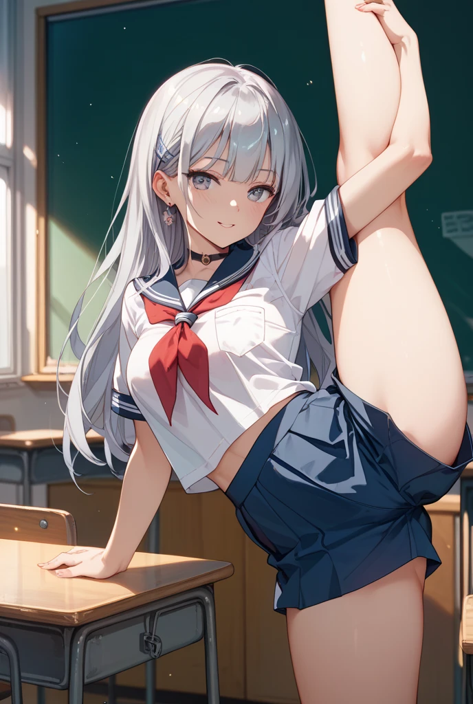 ((best quality)), ((masterpiece)), (detailed), 1girl, anime girl, white hair, 
High school students, playful tags,Classroom background, black stockings, sexy,4k quality,Vitality girl,red pupils,voluptuous legs