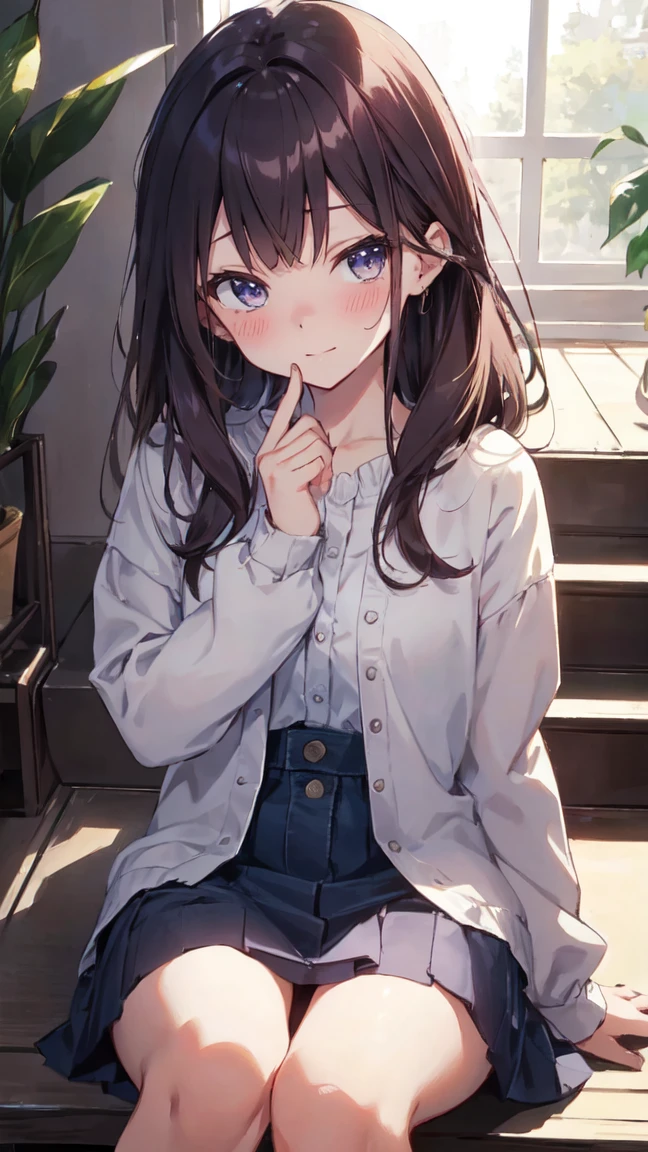 Young girl, blushing, sitting on couch