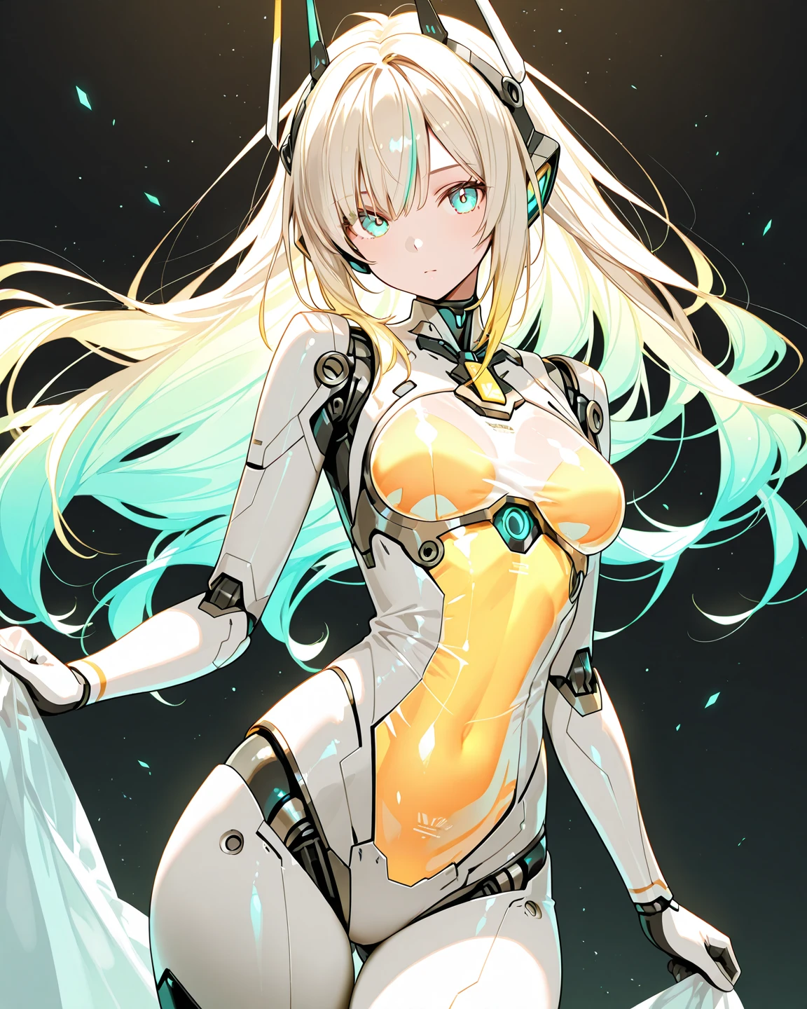 ((masterpiece, Highest quality, High resolution, 超High resolution, Pixel perfect, Written boundary depth, 4K, RTTX 10.0, High resolution))), 1 girl, single, alone, Beautiful Anime Girls, Beautiful art style, Anime characters, ((Shortcuts, bangs, Dark brown hair)), ((Green Eyes:1.4, Round eyes, Beautiful eyelashes, current eyes)), ((Smooth texture:0.75, Anime CG style)), Medium chest, ((Dynamic Angle, close)), Perfect body, (pretty girl), 1 girl,Beautiful silver-haired girl with headphones, Sci-fi action set on Mars in the 2500s, A shiny black bodysuit, Complex patterns that emit light, smile, Background々It is a mechanical device that emits light of various colors., whole body, Dynamic Angle,