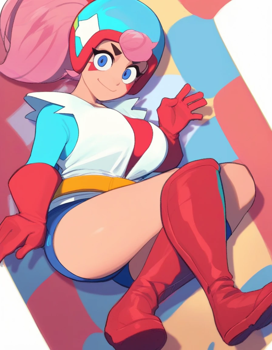 Masterpiece, best quality, (((happy))), 1girl, pink hair, ponytail, bangs, helmet, red gloves, white jacket, cropped jacket, long sleeves, blue sleeves, red shirt, cleavage, blue shorts, yellow belt, boots, thigh boots, thighhighs, red footwear, sexy body, gorgeous body, beautiful, beautiful legs, ((sitting)), (spread legs), ((blushing))