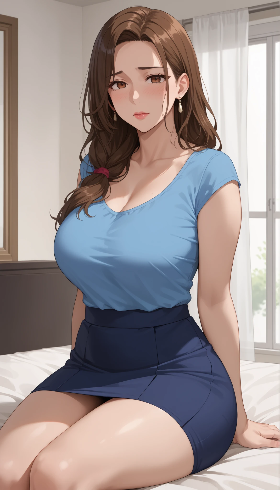 (Tabletop, highest quality, High resolution, , Pixel perfect, 4K,), 1 girl, single, alone, Beautiful woman、I could see the whole body、 ((Wavy mid-length hair, bangs, Brown Hair)), ((Brown eyes, Beautiful eyelashes, Realistic eyes)), ((Detailed face, blush:1.2)), ((Smooth texture:0.75, Realistic texture:0.65, Realistic:1.1, Anime CG Style)), Mid-chest, Dynamic Angle, Perfect body, ((, female teacher, , Earrings、necklace、Light beige open neck sweater、dark blue long flared skirt、Black knee-high stockings、、A shy smile、Put your hands behind your back、Leaning forward、)), Looking up、、(、、、Angle from below)、