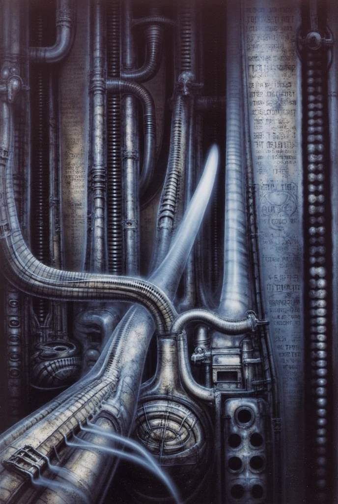 The image is a detailed view of H.R. Giger's \" kunstwerk \" plate, featuring a complex network of bones and organs in a purple-brown hue ,swirling gray and brown colors. The artwork is silver and purplish brown, with an ivory bones prominently displayed. The image is highly detailed and intricate, almost like a 3d version of a medical diagram
The image is an artistic representation of a mechanical structure with pipes and gears, with a skeletal creature and a windmill blade.
The image depicts a complex, mechanical structure with a level of detail achived by fractal algorightmic art, that suggests a sci-fi or futuristic theme.Is a digital artwork featuring a complex, intricate, and colorful design. It is a blend of geometric shapes, lines, and forms that create a sense of depth and dimension.
It's a surreal scene of a robotic humanoid figure placed in a close up of a machine in a building, surrounded by various mechanical parts and structures such as necromorph, energetic beings patrolling, crying cyborg woman, in salvia divinorum, android body, vecna. This plenty of detail keeps the focus on the figures and creates a sense of mystery about their environment.
The piece is a tableau, most likely created with a India ink pen or pencil on paper, determined by the thin lines, shading techniques, and the texture of the paper, which is visible around the edges.
used is pen, given the shading and variations in line weight visible in the image. One have used a variety of pencils with different degrees of hardness to achieve the shading effects
The placement of the creatures on the center follows the rule of thirds, a principle in composition that places important elements along imaginary lines dividing the image into thirds both horizontally and vertically.
The background is dark and limited , a series of arches and tunnels that recede into the distance. The lack of detail keeps the focus on the creatures in the foreground and creates a sense of