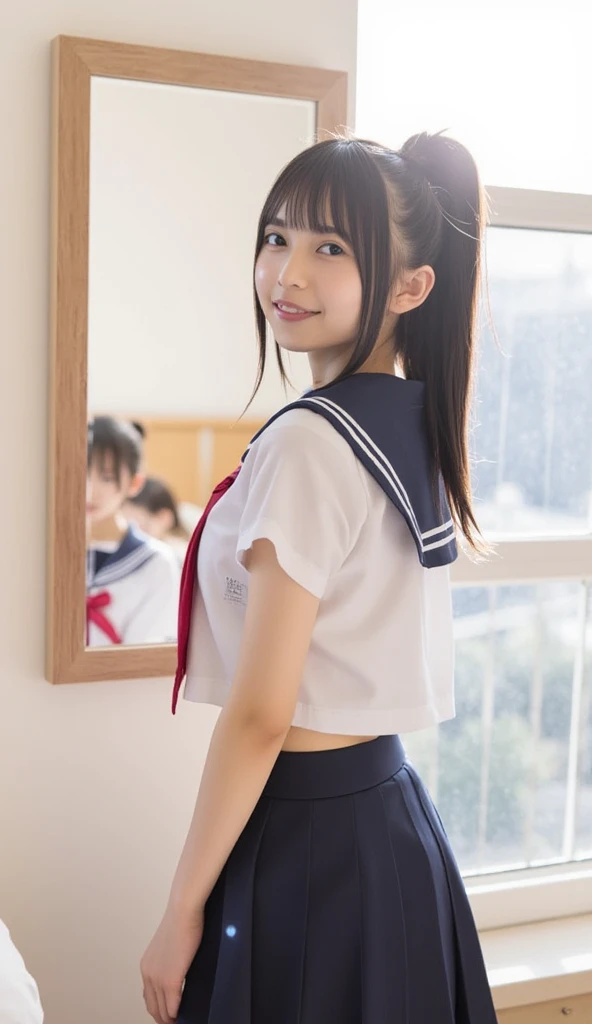 Very cute girls from Japan,School trip,Bathroom,whole body,smile,Small Bust
