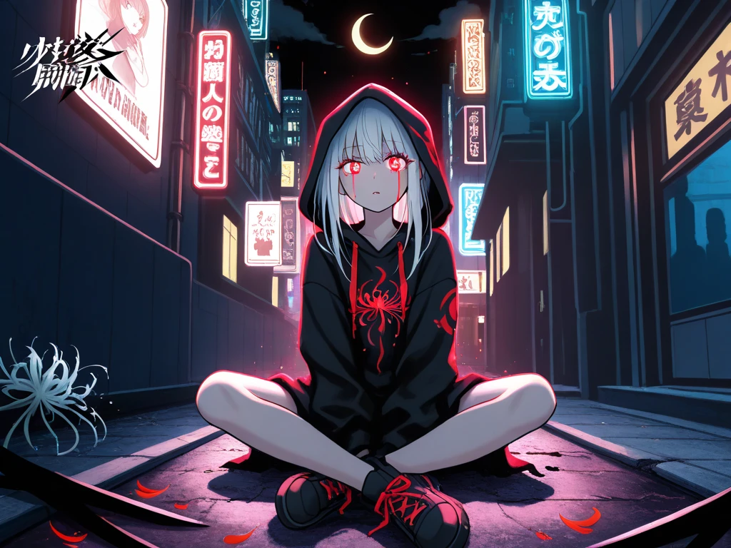 ((masterpiece, best quality, extremely detailed CG, unity 8k wallpaper,anatomically correct,ultra resolution)),Award-winning photography,(best illumination,Very Delicate and Beautiful),(one girl,solo,loli:1.5),(Vampire:1.45),silver hair,(twintails:1.2),glowing red eyes,(pale skin:1.45),(extremely beautiful and detailed face:1.2), (extremely beautiful and detailed eyes:1.2),perfect hands,delicate legs,((bat hair ornament)),(graceful,fashion),pointy ears,((nike hoodie:1.4,sports shorts,sports shoes,black leather gloves,black naked socks)),looking at viewer,sit on bench,sad,(crying:1.3),tears,(cute:1.5),((night, dark atmosphere, dark theme, darkness:1.5)),dramatic shadows,(dimly lit:1.5),blood on face,blood on floor, blood on walls,(blood mist,blood splash:1.4),depth of field,(Bustling city:1.2,in the rain:1.3),cloudy sky,raining,skyline,(perfect human body structure with maximum precision)