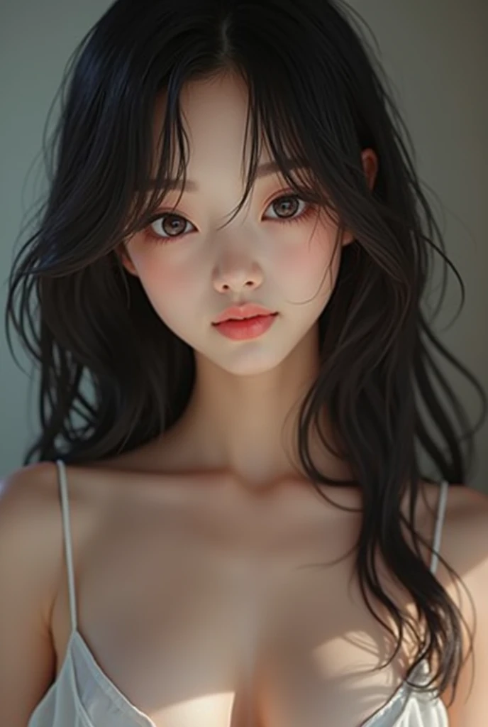 Masterpiece, best quality, (dark photo: 1.3), photorealistic, 1girl, flat bangs, nice innocent symmetrical face, shirt, emotional, ulzzang, (PureErosFace_V1:0.7) ((((FULLNUDE)))) ,smile