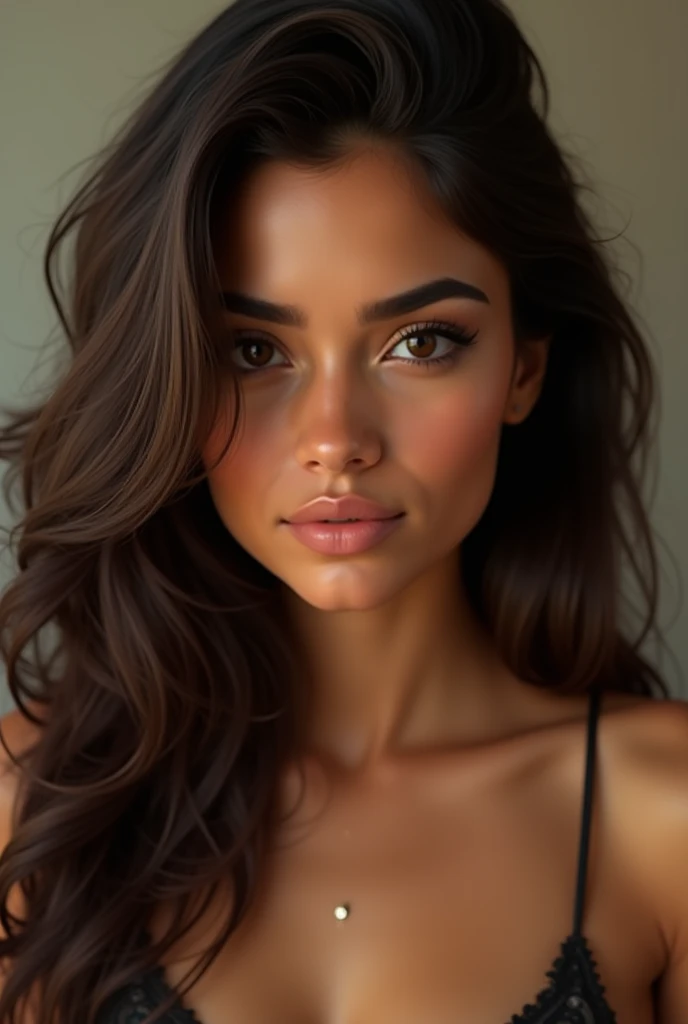 Really cute, woman, olive skin, brunette. Cleavage. She has smooth olive skin and round, expressive eyes with gently arched eyebrows. Her nose is small and soft, and her full, naturally curved lips often form a warm smile. Her cheeks are softly rounded, contributing to her youthful and approachable appearance.