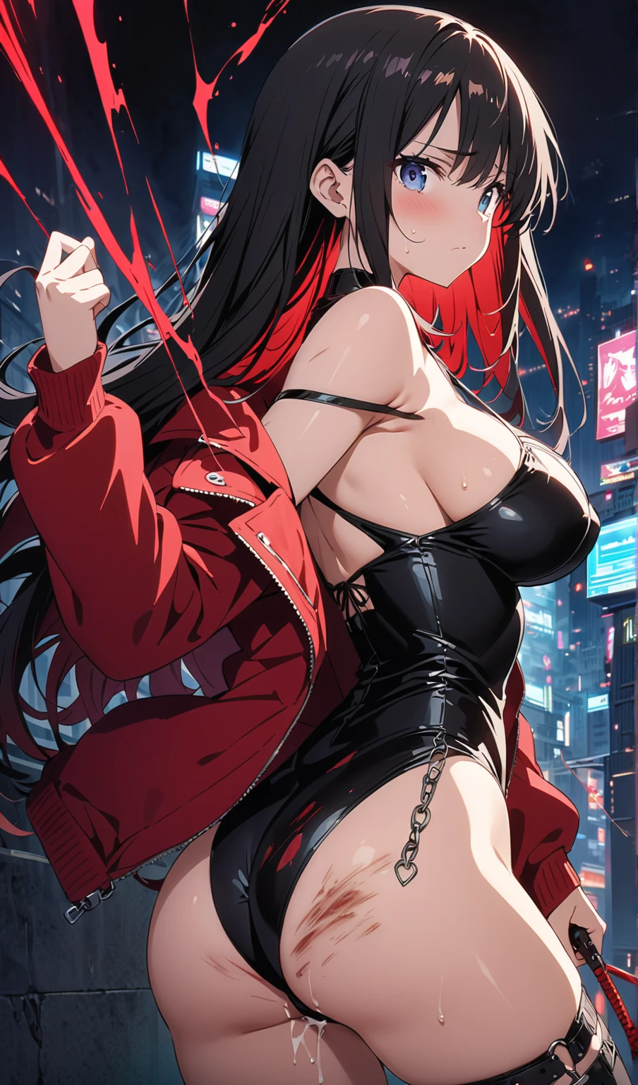 1 Girl, big red hair, streaks of black hair, bangs, eye hair, sexy anime bunny outfit, big chest, standing, background scenery, in a nightclub, colored lights, ambient detail, ultra detailed