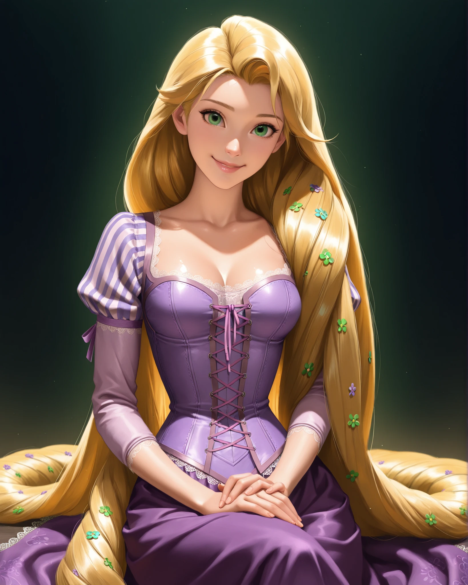 closeup, Sluisap, eyes、usnr、GBF_style、748cmstyle、32K、Semi-realistic、 super detailed description 、Artwork、Original Works、 detailed color、 detailed eyes、 detailed lips 、 The Greatest Masterpiece、Professional work、normal Breasts, Tangled movie character , Rapunzel , Rapunzel, (Rapunzel Cosplay :1.3) sexy , cowboy shot, shiny body, full frame, full length, perfect fingers:1.3, shiny body, (perfect fingers. 3) cowboy shot, wearing a lavender corset-style top, long purple skirt , dark background , sitting , cross legged , looking toward the viewer , smile ,( bright green eyes ), very long hairs , open hairs , blonde hairs