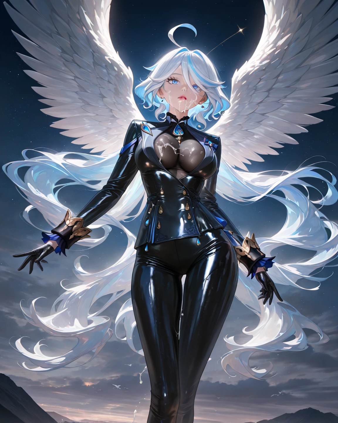 The secret realm of the dark underground dimension,Blueberry Pudding Protective Film,Elf marble art statue,the angel's wings,platinum glow,Masterpiece Sams,shocked expression,movie close-up lighting,slender posture,Slim marble pinstripes cover the body,Kazlan’s pretty face,Rococo art,light blue marble skin,sweat on her body,.detailed eyes, detaield hands, detailed face, elf woman, full body