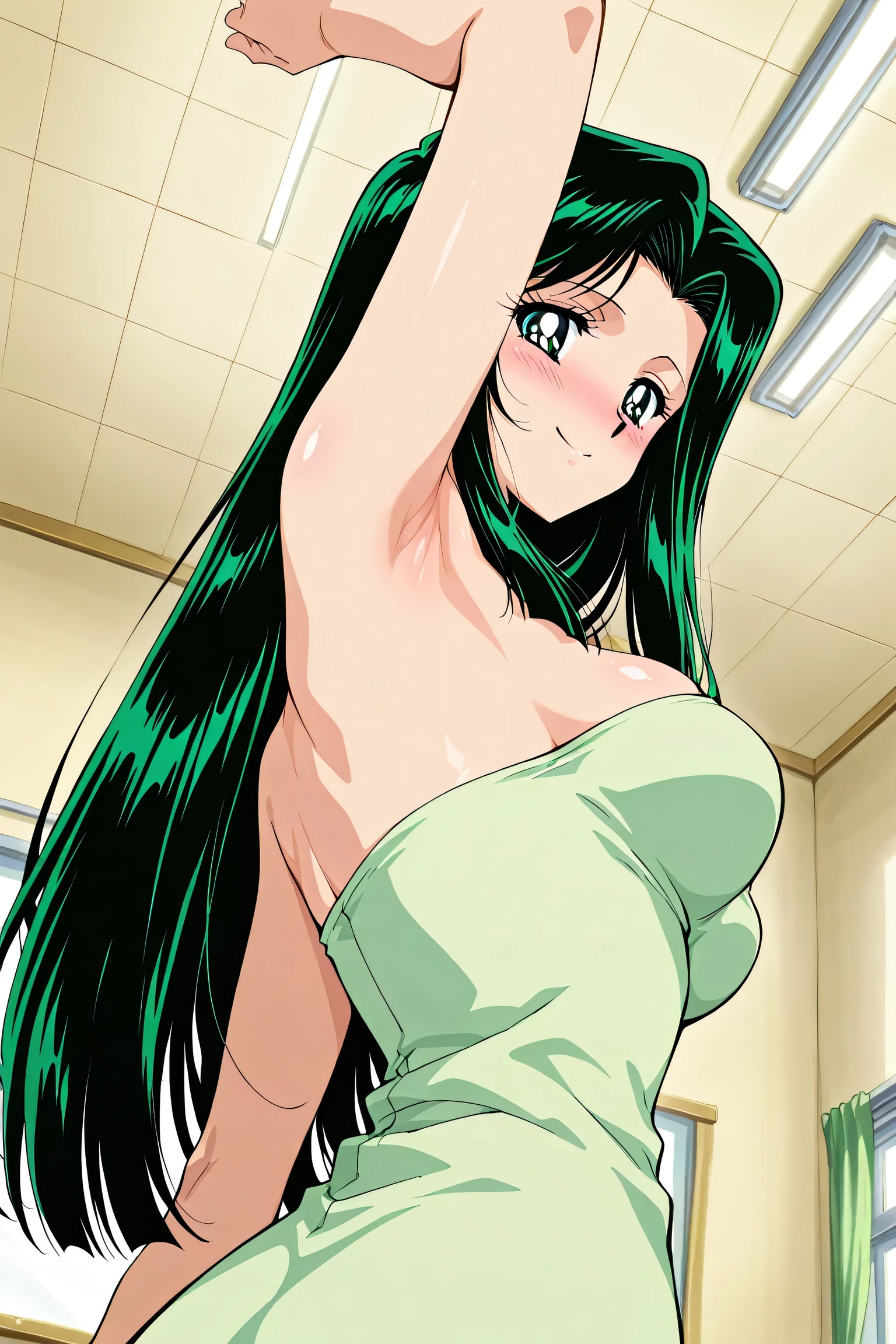 (masterpiece, best quality, high resolution), 1girl, ((curly frizzy hair)), light green hair, yellow eyes, solo, sweat, nipples, pussy, spread pussy, standing, bad-girl, ((mature female)), beautiful body, beautiful nose, beautiful character design, perfect eyes, perfect face, alluring, wallpaper, perfect lighting, colorful, ultra highres, photography, 8K, HDR, (shiny skin), navel, (anime), looking at viewer, castle interior