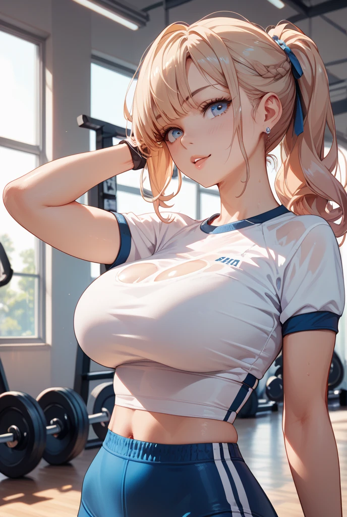 beautfull woman, nice outfit, well-detailed face, detailedeyes, whole body, hair blonde, doing sensual gym poses.
