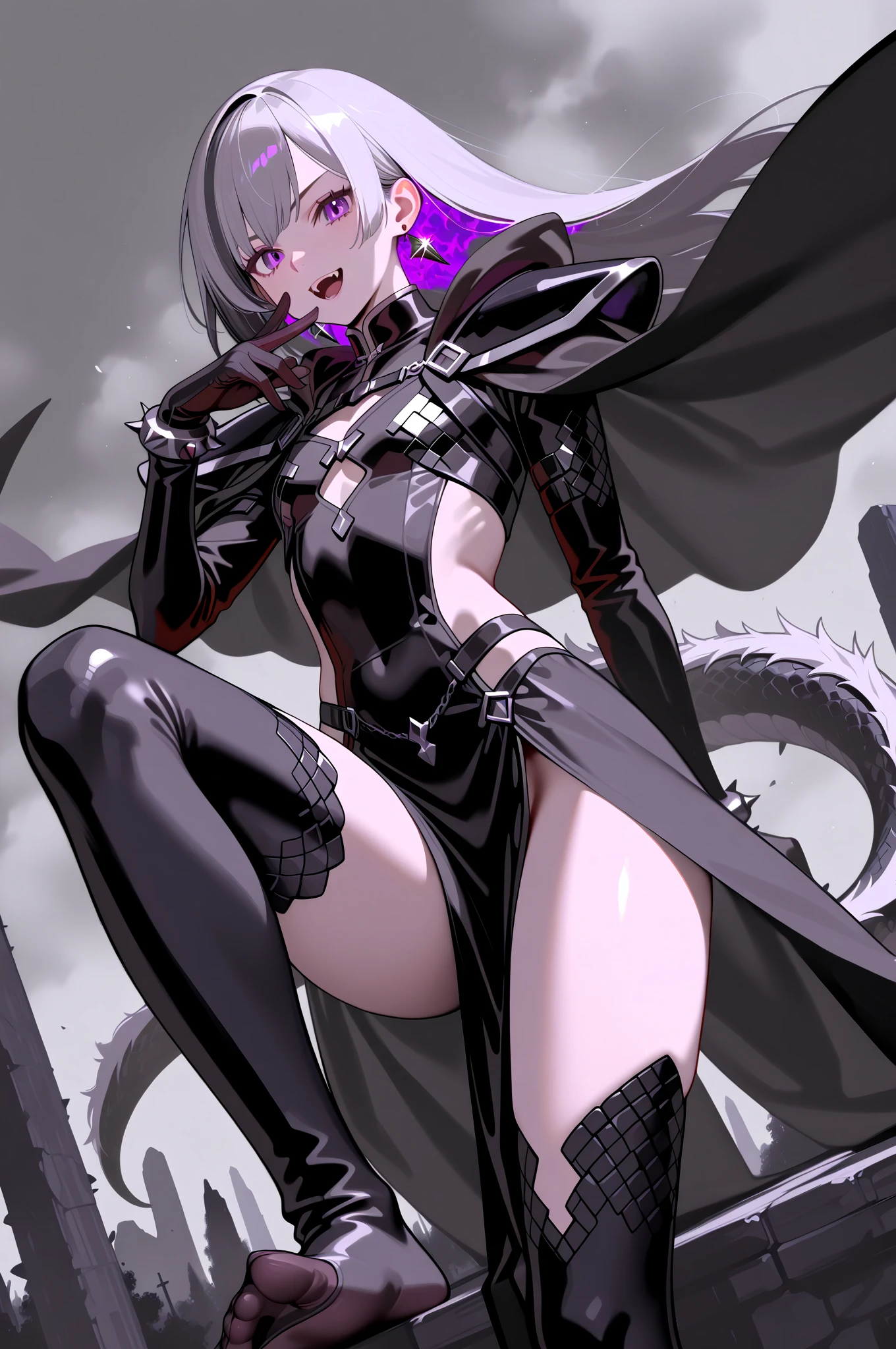 World of Warcraft demon hunter black latex tentacles on body, fire eyes long horns white hair cute face sexy full body sexy pose long high heel slime