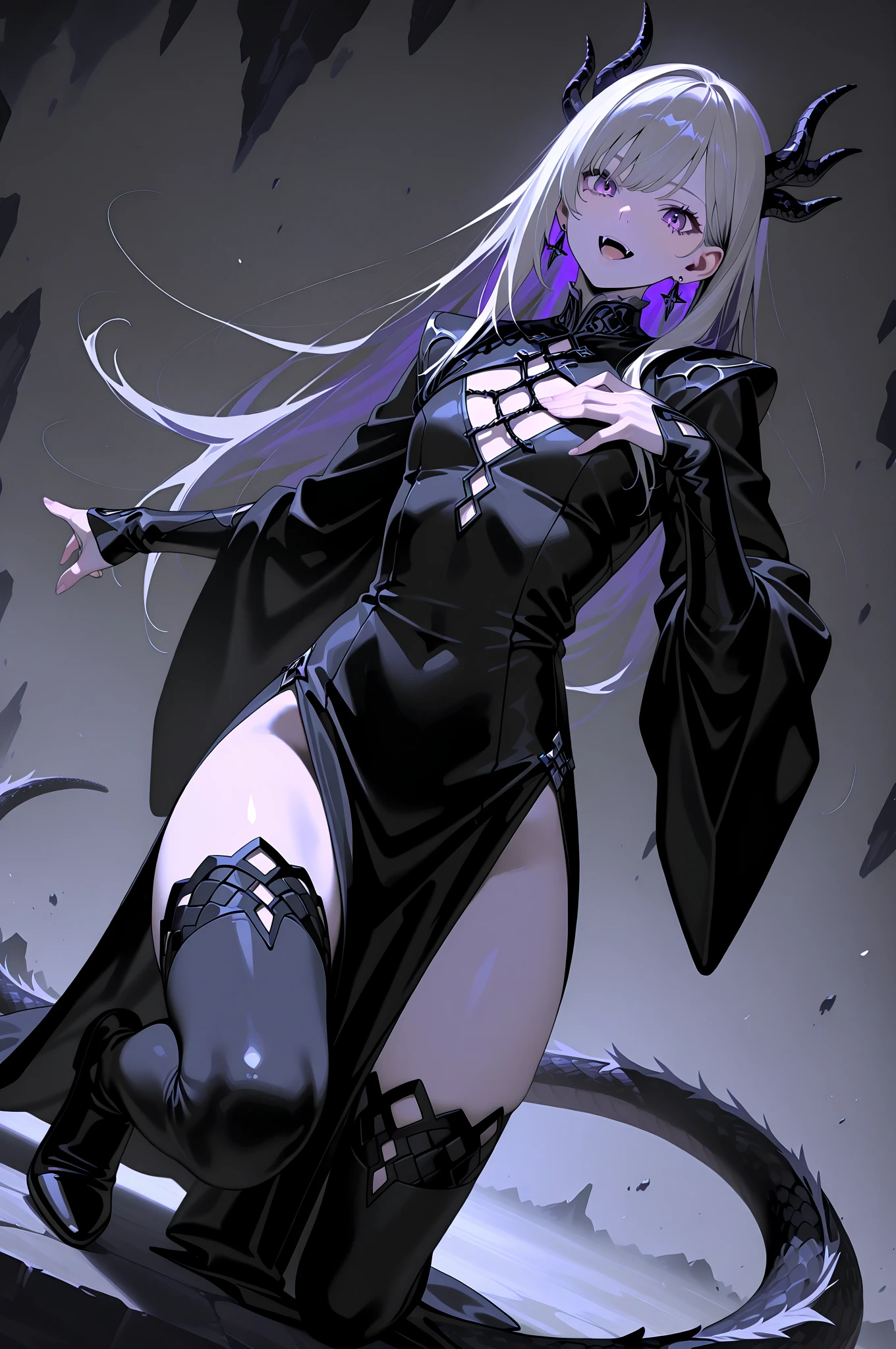 (Best quality at best, 4K, 8K, A high resolution, tmasterpiece:1.2), ultra - detailed, witch army, Sleek purple hair, high ponytails, dark circle mask, nun, Sister, Gothic style, sad expressions, face expressionless, Purple lace black mini dress, Purple lace embellished dress, Purple gemstone accessories, Metal boots, Black gloves, Black arm cover, in dense forest, in dark woods, Fantasyart, exposed ???? shoulders, Beautiful long legs, Tall, Golden ratio chart, Broad ????? and thin waist, Hourglass figure, bubble ????