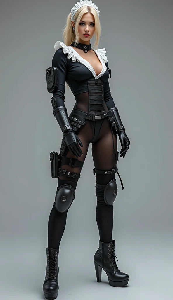Masterpiece, Superb Piece, Daytime, Outdoor, woman, 30 age, black gloves, black long leathercoat, long boots, pale skin, shirtless, bottomless, pussy plate, hooded, large breasts, wide hips, thicc thighs, standing, tactical gear, holsters, leg holster, chocker, short white hair, face mask,