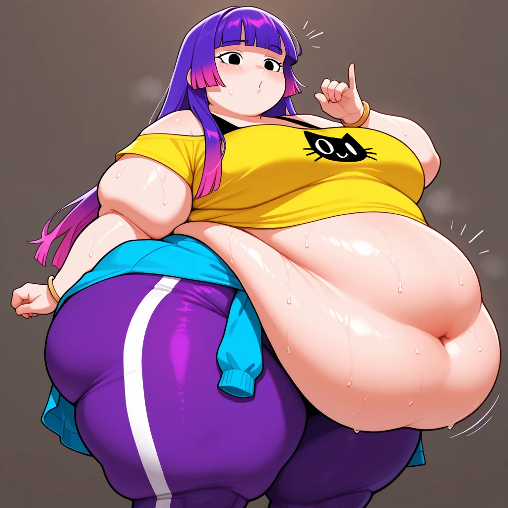 glitch techs, miko kubota, long hair, purple pants, black undershirt, yellow shirt, jacket around waist, smile, wide hips, bracelet, animal print, purple hair, vore , dark bedroom, standing, rubbing belly, deep navel, (human shaped belly), (person inside belly),(bellysag:1.2), huge belly, score_9, score_8_up, score_7_up, score_6_up, score_5_up, score_4_up