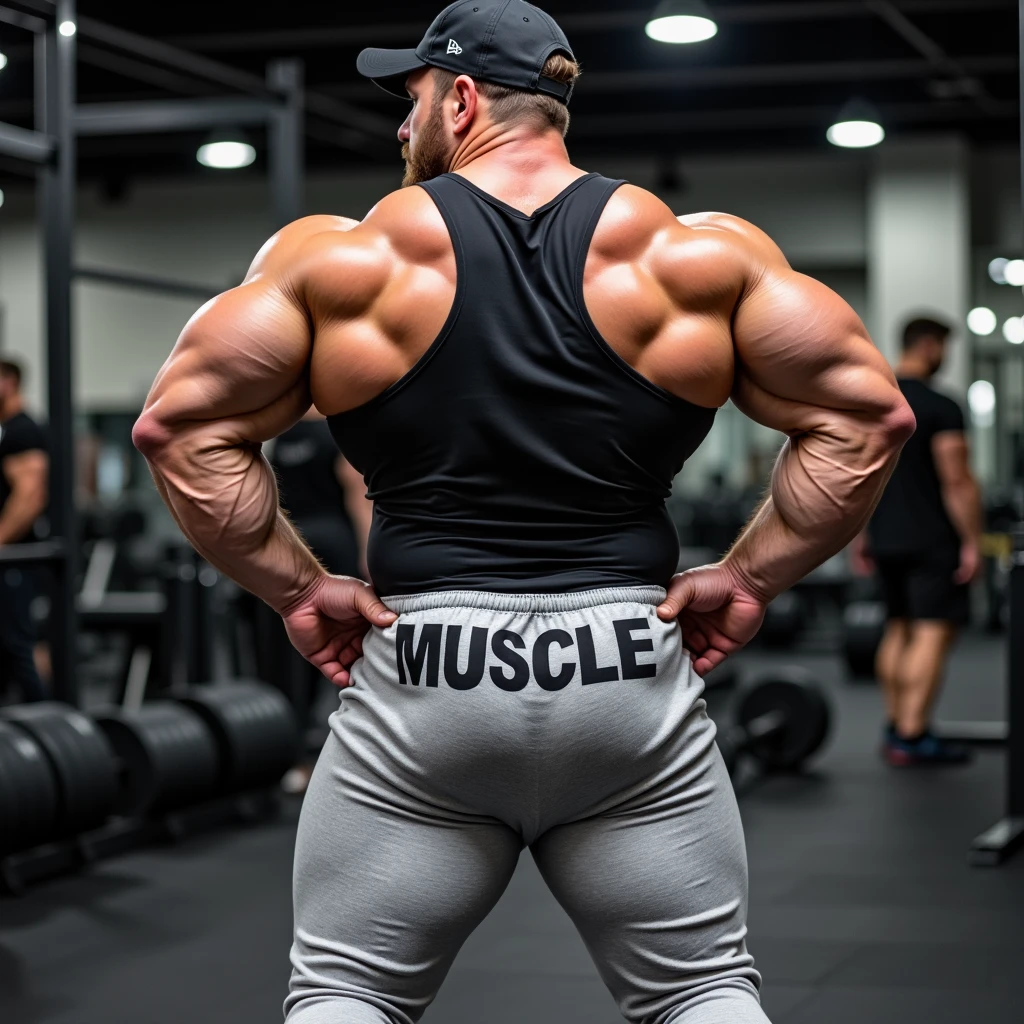 (one or two bodybuilders:1.4), (back view:1.4), (tank top:1.4), (at gym locker room:1.4), 40's, Japanese man, Chinese man, Korean man, Taiwanese man, manly face, fat face, (round face:1.4), (monolid eyes:1.2), (buzz cut:1.4), very large and strong body, bulky body, beefy muscles, (bulging muscles:1.4), (very large pectoral muscles:1.4), (muscular arms:1.4), muscular abs, muscular legs, muscular back, brightens oily skin, master piece, (realistic:1.4), panorama, distant view
