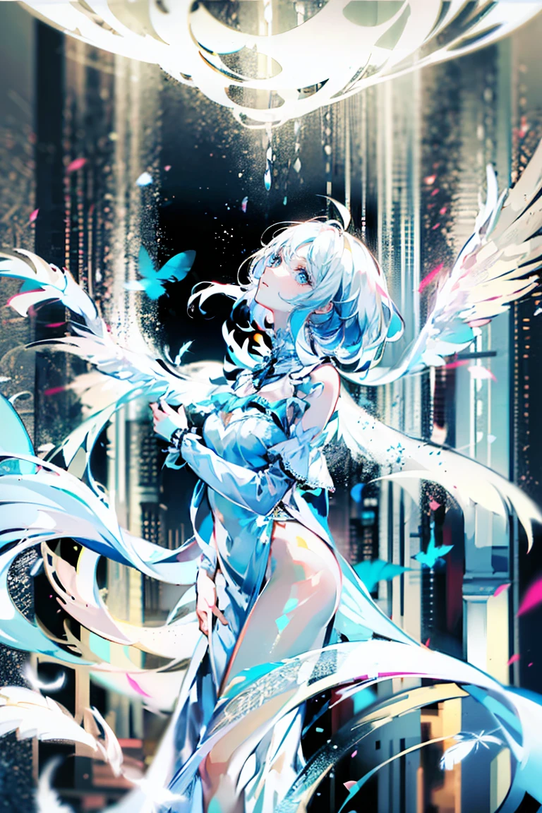 shattered glass falling, female in the midle, far pov, simple white background, full body, long white dress, fetal pose, angel wings