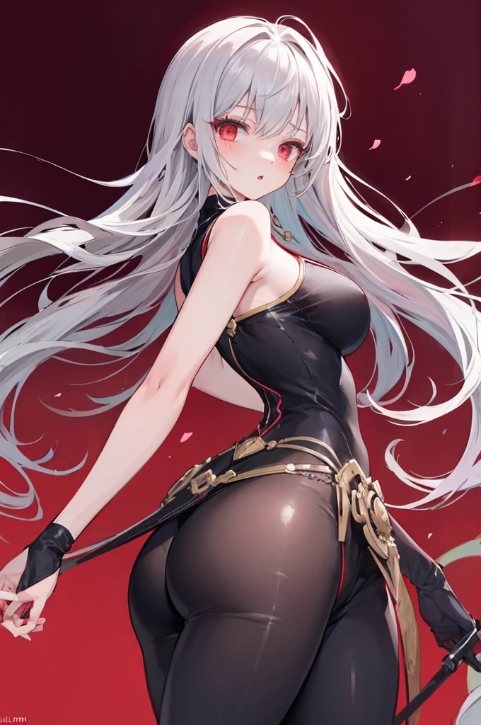 masterpiece, best quality, In winter, night, , girl, very long hair, big breasts, Gothic, Sadomasochism, wall, Zombified,Zombie changes and tentacles fuse,Zombie Queen,Red tentacles,Tentacles and legs,hot pants,looking down,back view,buttocks,playful,Lovely,red eyes,sexy,High heel,sweat,soaking wet,white hair
