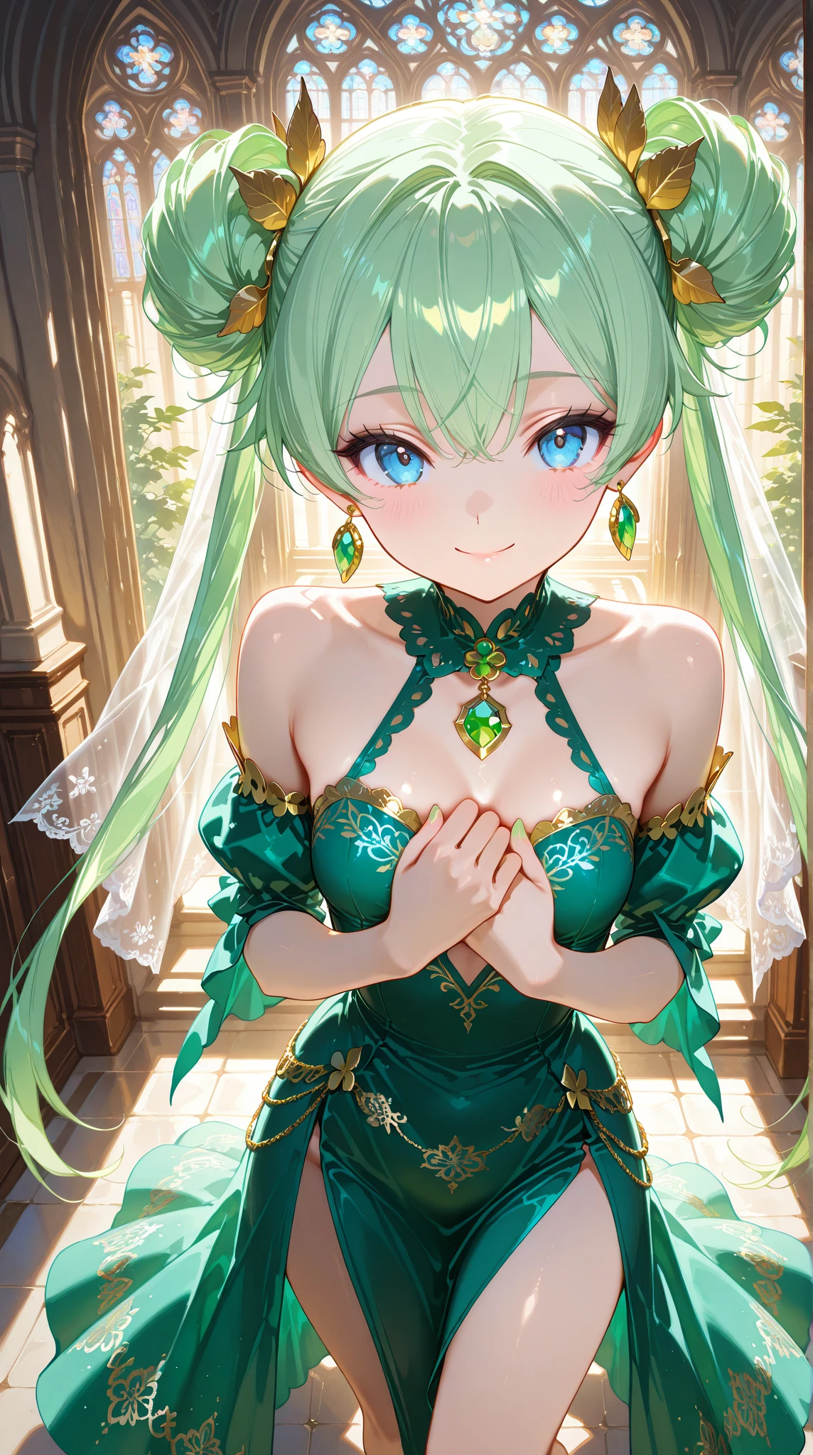 masutepiece, High resolution, 8K, anime woman, Delicate and detailed writing 、Detailed digital illustration、absurdly long hair、(((Ponytail)))、Shiny hair、a very beautiful woman、Eyes are double, Large,Little hanging eyes、 Bust E Cup、High image quality, High quality、Detailed background、、The inside of the eye shines like a diamond、(((Dark green hair)))、Gradient pupil、(((2 arms、4 fingers, 1 thumb)))、Detailed female face、a very beautiful woman、、细致背景、​masterpiece、Soft Focus , Bright gradient watercolor , Lens Flare , (((Glitter))) , Glow , Dreamy ,a miniskirt、Idol、Light Green Ribbon、Very beautiful light green rose hair accessories、Light green and gold costume with white as the main color、((Macroface))、(Cool Girl).Tall lady、Dignified.((No bangs))、((Eyes with blue gradient glow))、Full smile、(((Face Close-up)、(((Cinderella、Glass shoes)))、