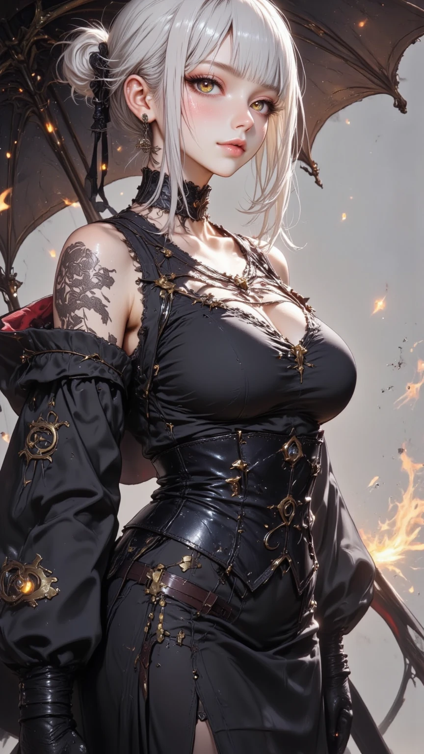 1girll，White color hair，Various hairstyles，Wear a black flower on your head，beauitful face，crisp breasts，Convex buttocks，Wearing a black gauze tights，Wear a black wristband，Black lace-up heels，Wearing a black military uniform overcoat，The inside of the coat is red，perfectly proportioned, Cinematic lighting, filmgrain, Fujicolor, lightand shade contrast, 8K, 巨作, Textured skin, Super detail, high detal, High quality, A high resolution,
