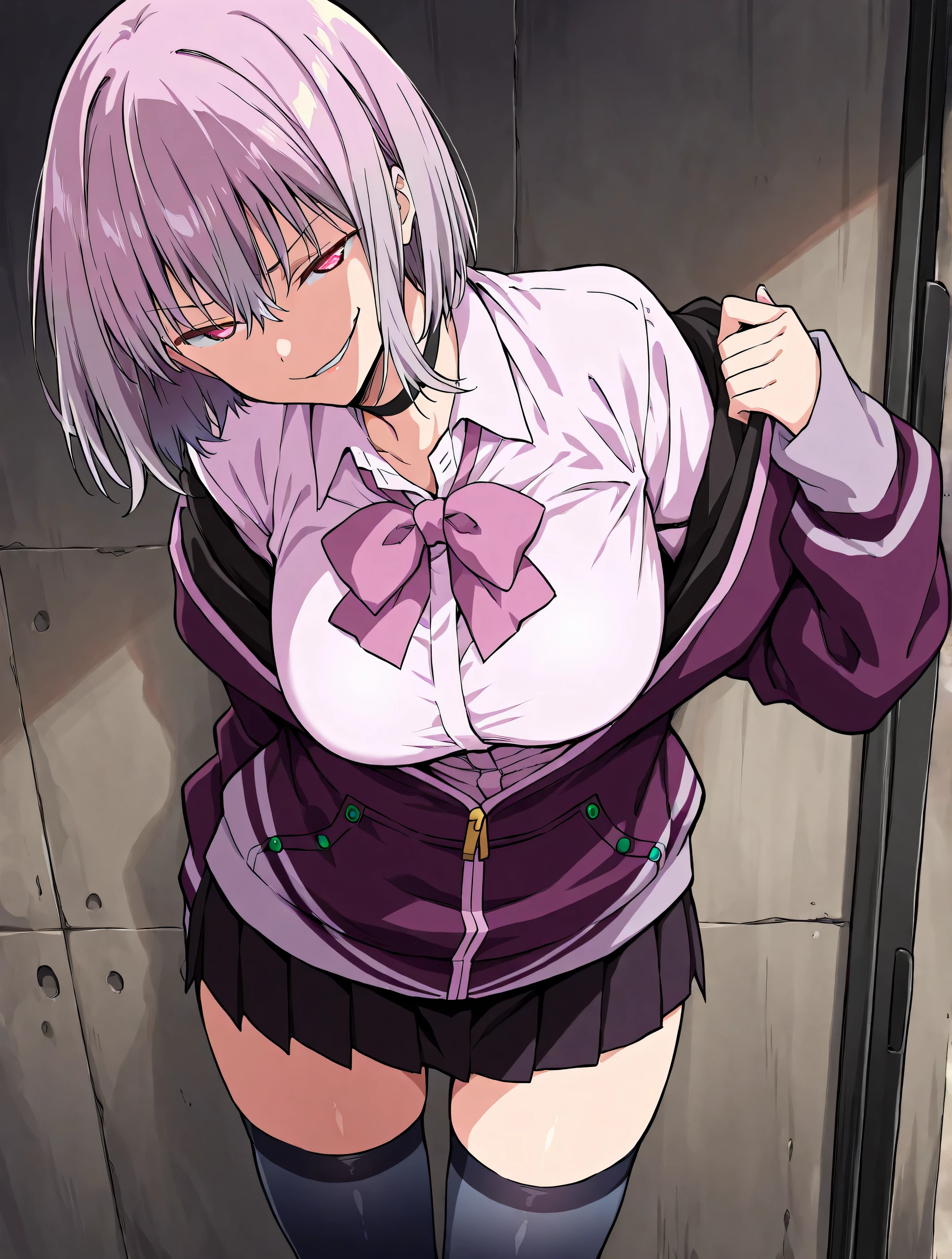masterpiece,best, quality ,pov, big breasts,front, 1girl, Akane, light purple hair, pink eyes, short hair, ((smug face)),((grinning)), black pantyhose, bow, collared shirt, hood, hooded Jacket, Jacket, open clothes, open Jacket, open shirt, pantyhose, purple bow, purple Jacket, school uniform, shirt, white shirt,((clothed)),((breast hold)), ((breast squeeze)),((show cleavage)),(outside),(In front of the public toilet),(slouch),((prostitution)),((Seduction with breasts)),(night)