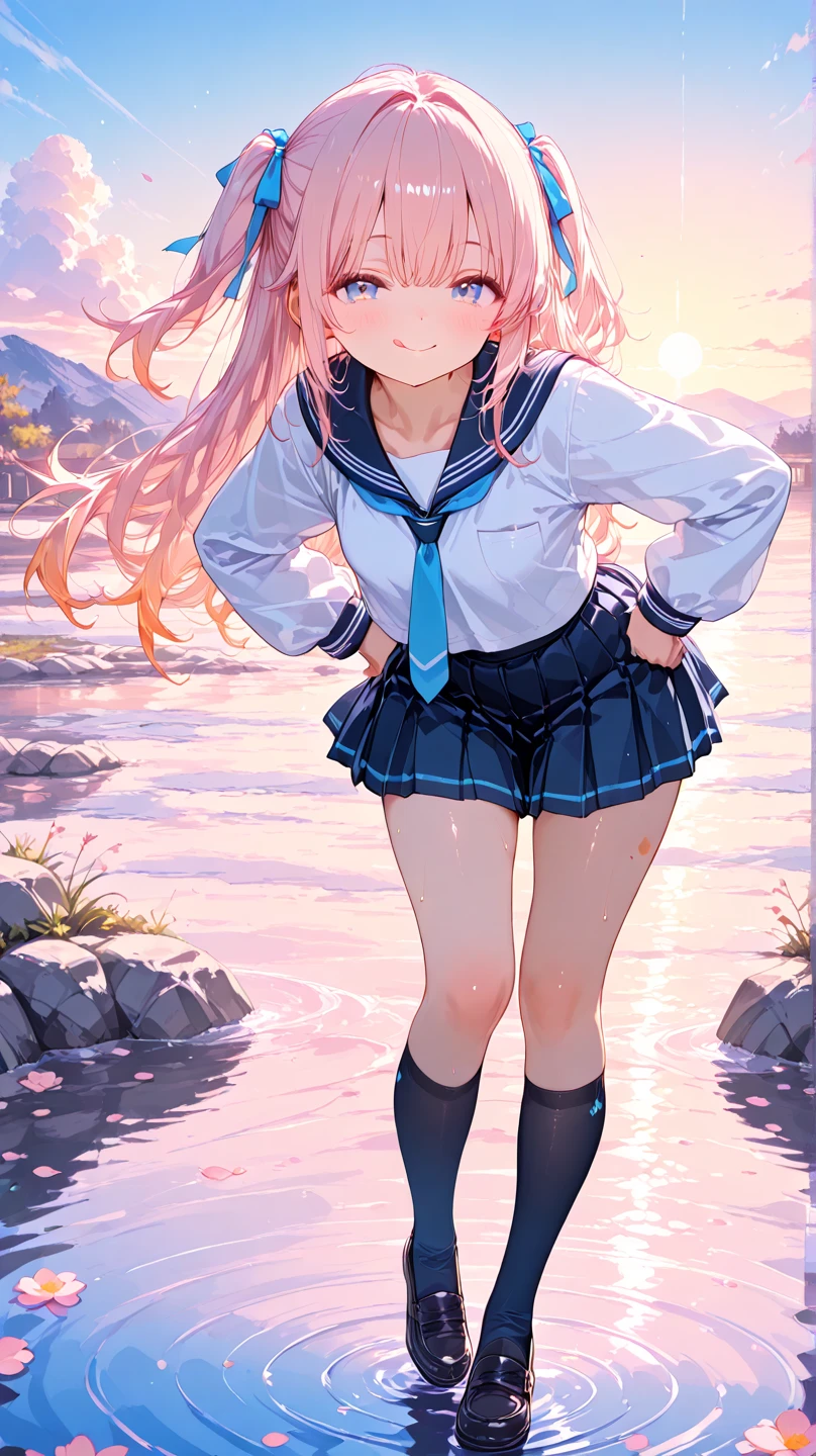 (Highest quality:1.24K, 8K, Studio Anime, Very detailed, up to date, Vibrant, High detail, High Contrast, masterpiece:1.2, Highest quality, Best aesthetics), (((1 Girl))), Sit and pose, ＪＫ, Sailor suit, Pleated skirt, loose socks, loafers, Open your mouth a little:1.2, smile, Dynamic Angle, look up:1.3, Friendly atmosphere, Beautiful Hair, Shiny Hair, Beautiful Skin, Detailed face and eyes, Glossy Lips, Curvy Women, Striking contrast,