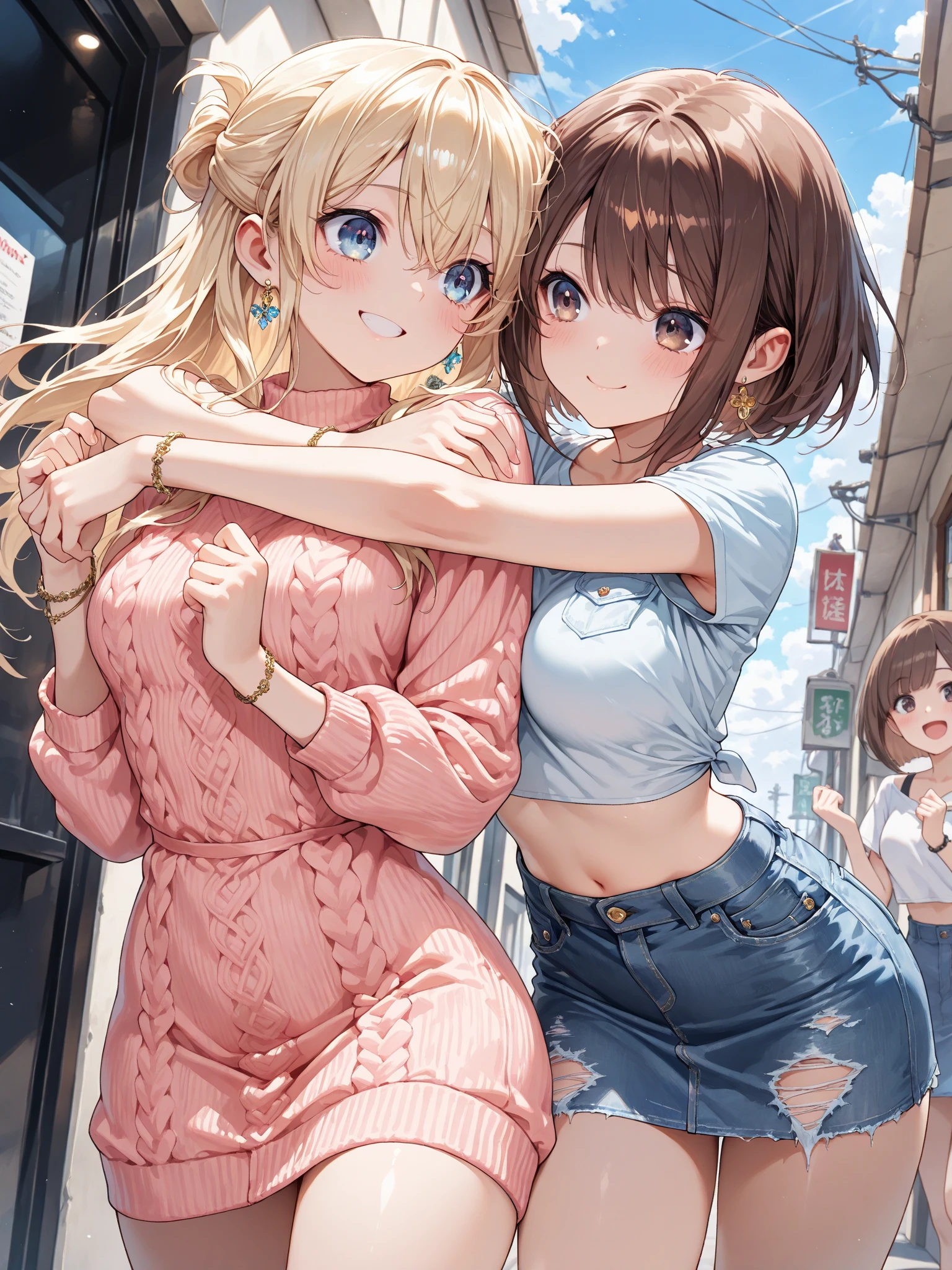 Regular pantyhose、Ultra-detailed、masterpiece、Highest quality、Ultra-high resolution、In 8K、high resolution、Real Live Action、Photo-worthy clarity、Detailed eyes、Gradation、Perfect anatomical figure ,hard disk、Hmph , Nikon Z9 80mm Lens 、Tabletop、Cinema Lighting, Physically Based Rendering, Award-winning, Highly detailed skin, Highly detailed face, Beautiful eyes in every detail、White Lace Lingerie Panties、Fancy panties、Detailed Panty Pattern、Panty Focus、(((Pink cotton tight mini skirt))), Light orange tank top、Adult female 18 years old, (Beautiful light brown hair, High Ponytail、Looking into the camera、Daytime street、(((Beautifully aligned and white teeth)))、Sparkling eyes、Sparkling eyes、Lips shining with lip gloss、Too bright natural light、Bright sun、