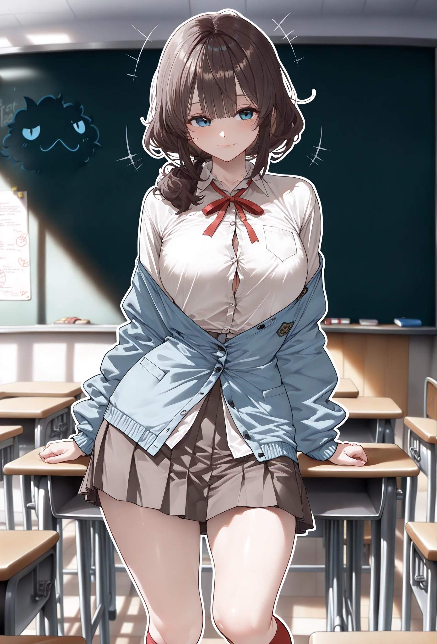 Brown Hair,Shortcuts,Messy Hair,Slender beauty,A dignified posture,Small chest,Beautiful feet,Her captivating grey-blue eyes shine like stars,,(Cute older sister:1.3)、smile,early summer vibes、In a suit、office、noon、Brown Hair、At work,break (masterpiece:1.2), Highest quality, High resolution, unity 8k wallpaper, (shape:0.8), (Beautiful attention to detail:1.6), Highly detailed face, Perfect lighting, Extremely detailed CG, (Perfect hands, Perfect ???????),