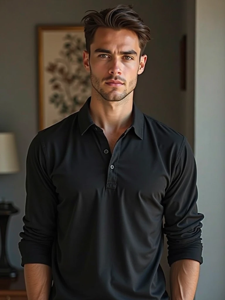Homme caucasien grand de taille, charmant, un peu costaud, habillé en pantalon et tee-shirt manche longue, assis ou adossé sur une table dans une grande chambre d'hôtel et sur la table sur laquelle est assis ou adossé le charmant homme il faut qu'il y ait un papier mouchoir déjà utilisé sur la table et sur le lit de l'hôtel qu'il soit déposer un cadre photo grand ou moyen qu'il est possible de faire arrêter sur le lit et faire face à la caméra et sur le mur du chevet du lit un tableau sur lequel il est écrit en français : Bienvenue à Melbourne AUSTRALIE et autour de la phrase qu'il y ait les emblèmes du Canada Québec ou le drapeau du Canada Québec