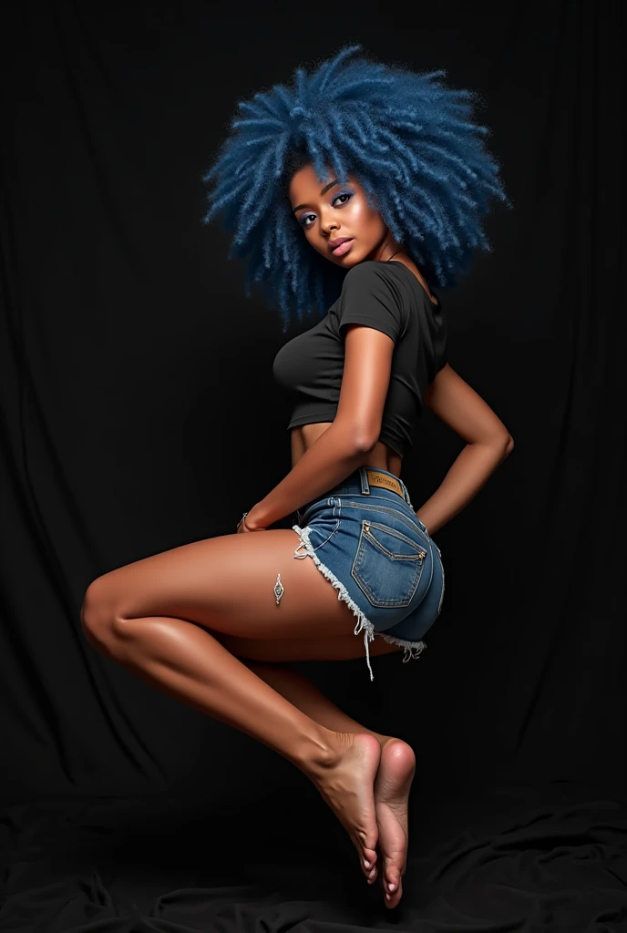 Black girl, 1.55 tall, Brown eyes, sexy smile, round face, blue curly hair, perfect breasts, perfect butt, toned legs, perfect body. Clothes: black panties, black bra. Pose: on the back with a provocative look, black background.