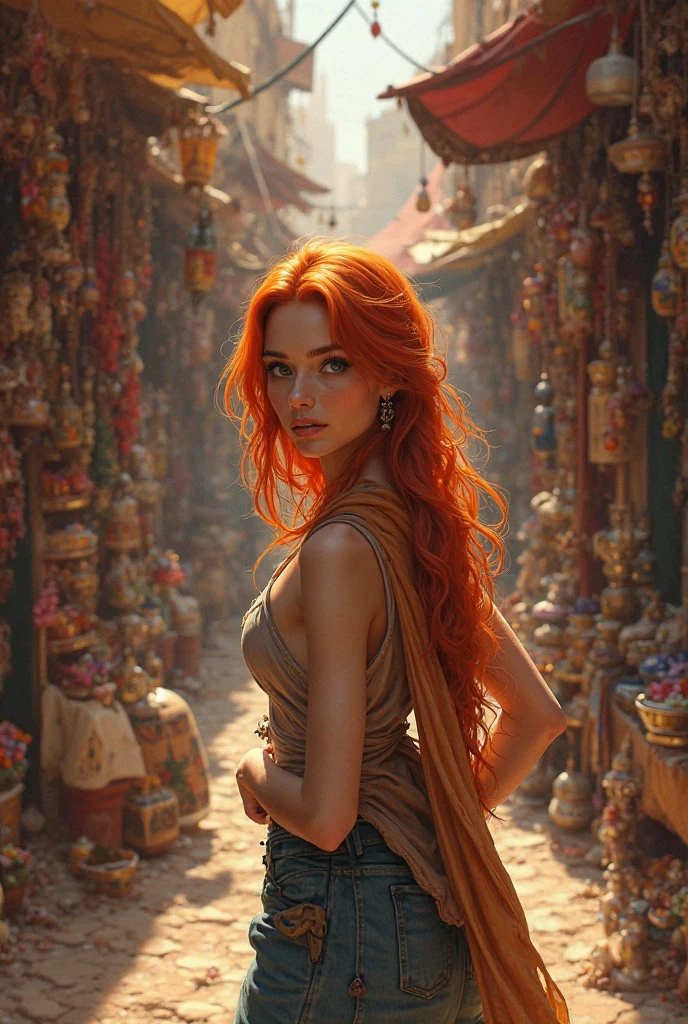goddess of sun, fire hair, long hair, full-size portrait, hugging, big city, casual street, New-York, people, cinematic lightning, volumetric, orange + blue palette, sparkling eyes, sad, Renaissance, anatomically correct, textured skin, high details
