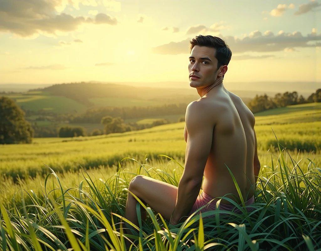 Male figure kneeling on lawn, Half and half blonde and brown hair, image depicting a good side and a bad side