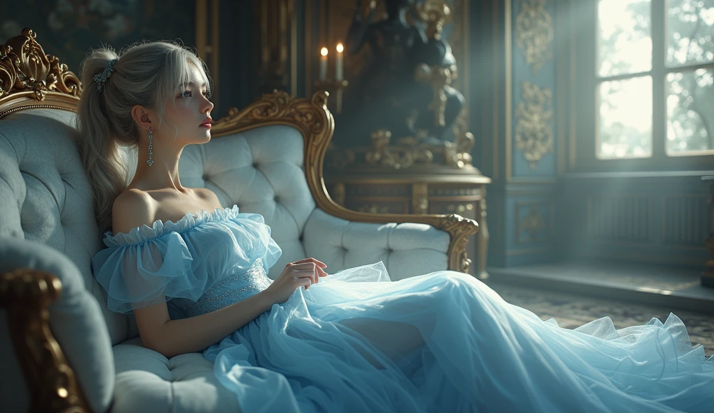 young woman (20–25 years old), light-skinned, with light blonde hair, reclines gracefully on a luxurious, ice-blue, translucent chaise lounge with ornate carvings. She wears a modern saree-gown hybrid in soft, shimmering grey chiffon with light blue undertones. The outfit features a fitted, crystal-studded blouse and a pre-pleated drape that flows like liquid silver, blending Indian tradition with Western haute couture. Her relaxed posture and introspective expression radiate elegance in the cold, glowing ambiance of a luxurious indoor winter wonderland, with crystalline formations and art-deco inspired glamor. --ar 16:9 --v 5 --q 2 --s 750 --style photorealistic --quality 8k