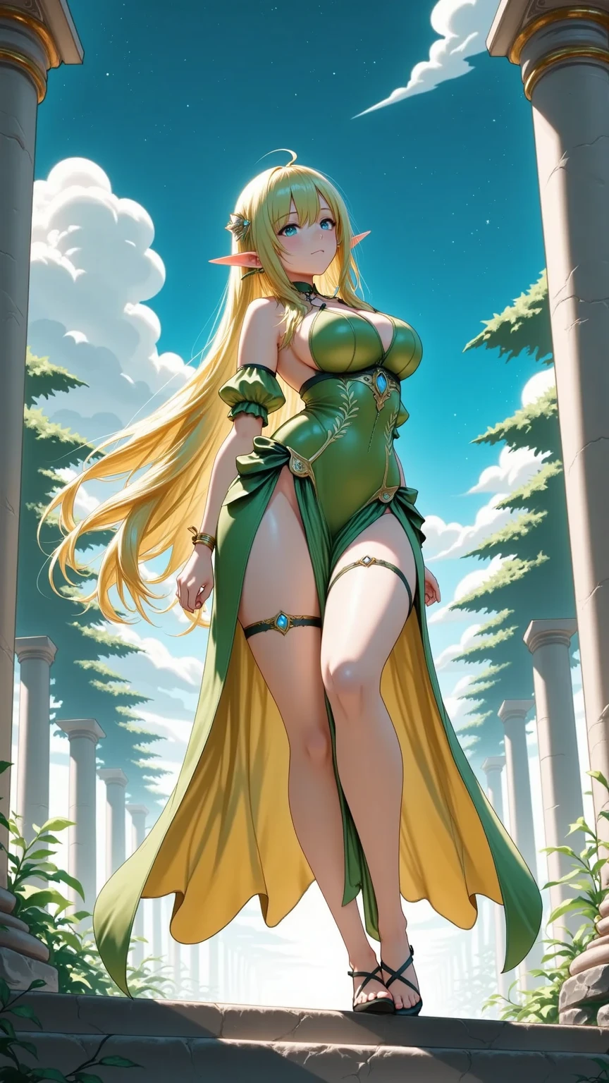 1girl, shoulder length flowy blonde hair, green eyes, cold expression, asian, beautiful woman, mature looking, seductive pose, wearing green dress, plain background, absurdres, high res, ultrasharp, 8K, masterpiece, looking at viewer,