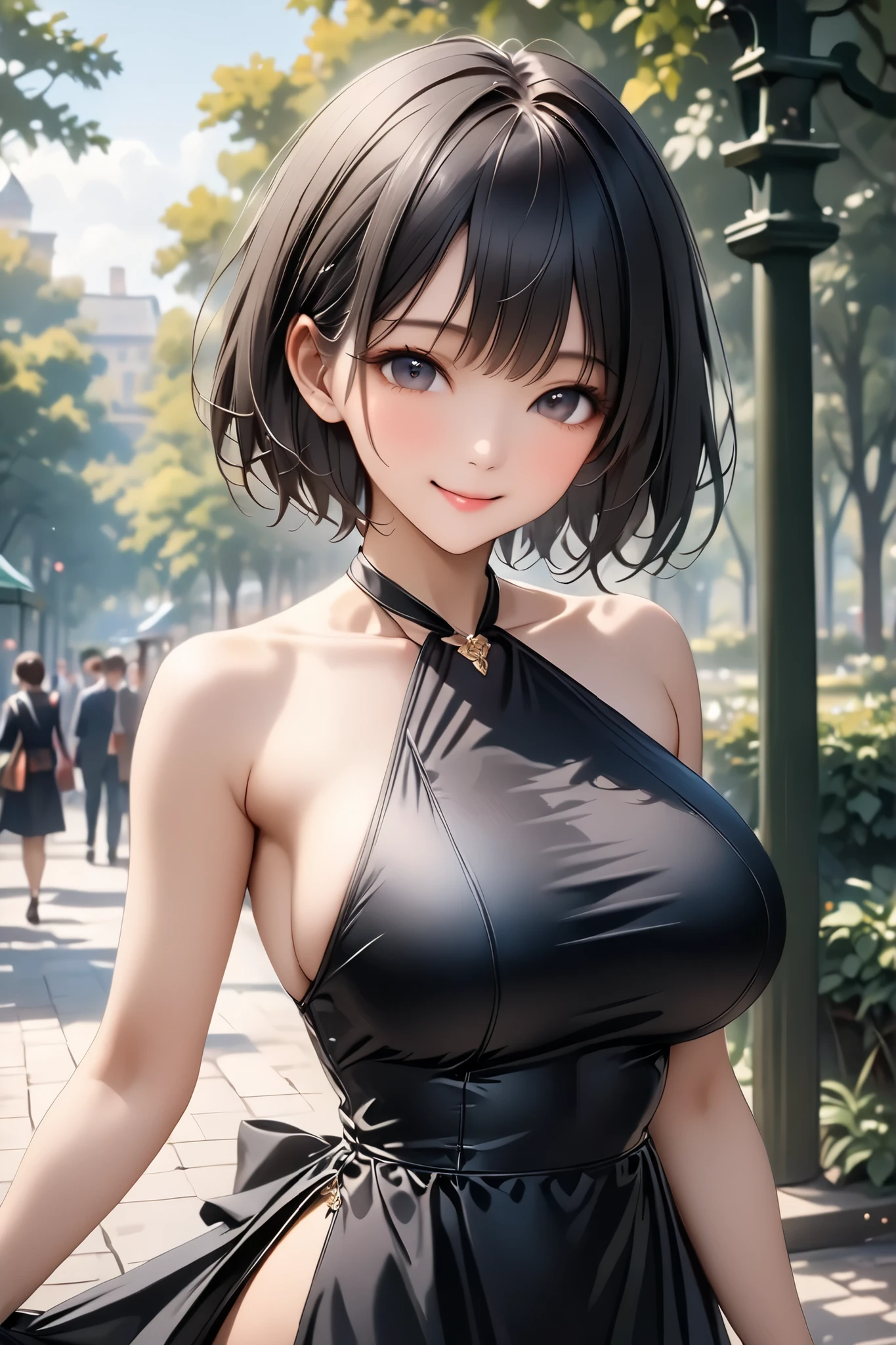 Very detailed, beautiful, Highest quality, detailed beautiful round eyes, beautiful detailed face, Whole Body Ezbian, 1 female, Bob Hair, (Random color hair, Golden mesh), Big eyes, Random color eyes, Long eyelashes, Thick mascara, Dark eyeliner, Large Breasts, Toned thighs, 40 years old, (Turtleneck tight dress), Perfect Face, Perfect body, Sexy pose, (Charming smile), Random Location, nature, (Background Asahi), (alone), ((masterpiece, Highest quality, High resolution, Pixel perfect, 8k,))
