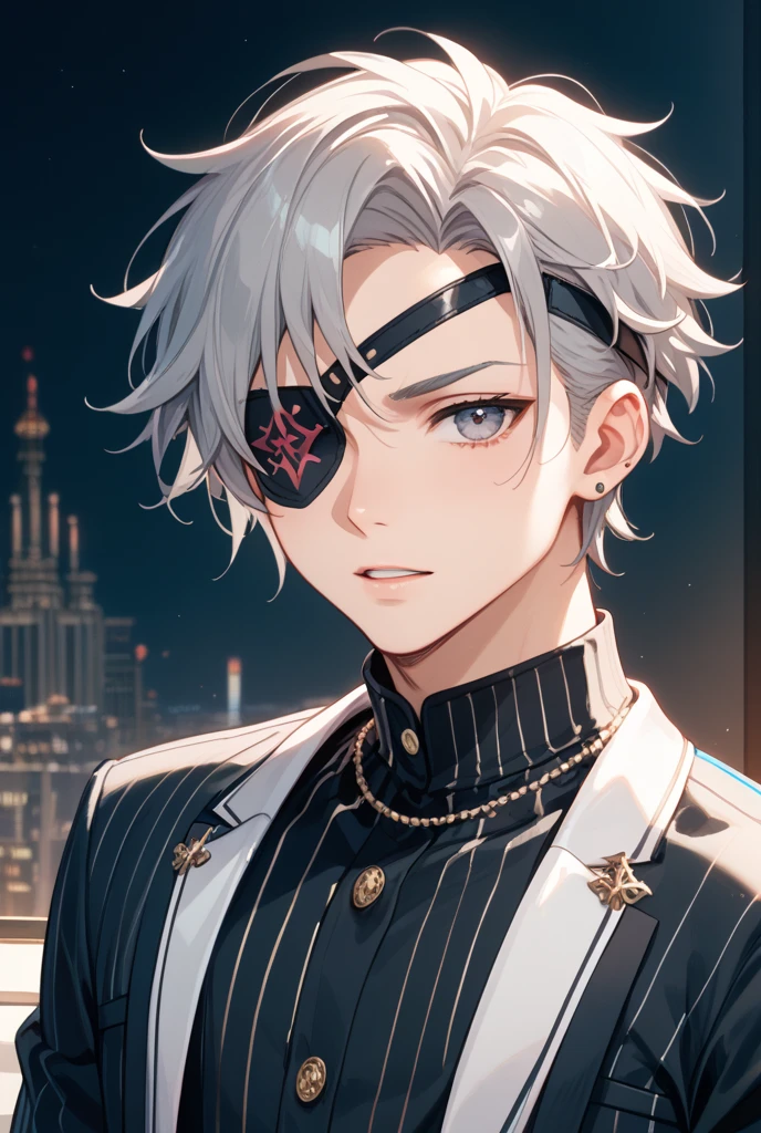 ((A ruined city full of rubble)),(After the war),((Vast landscape full of rubble)),(boy wearing tattered clothes),((Soot-stained hair mixed with silver and black)),(Lifeless eyes),((sit on the ground holding both knees)),((glare at me again)),(Mouth slightly open),((Dark purple eyes)),((Monochrome world)),((black and gray and white and brown)),,((Eyepatch studded with fine jewels)),((Eye patch for left eye)),(pov from down),(close up of face)