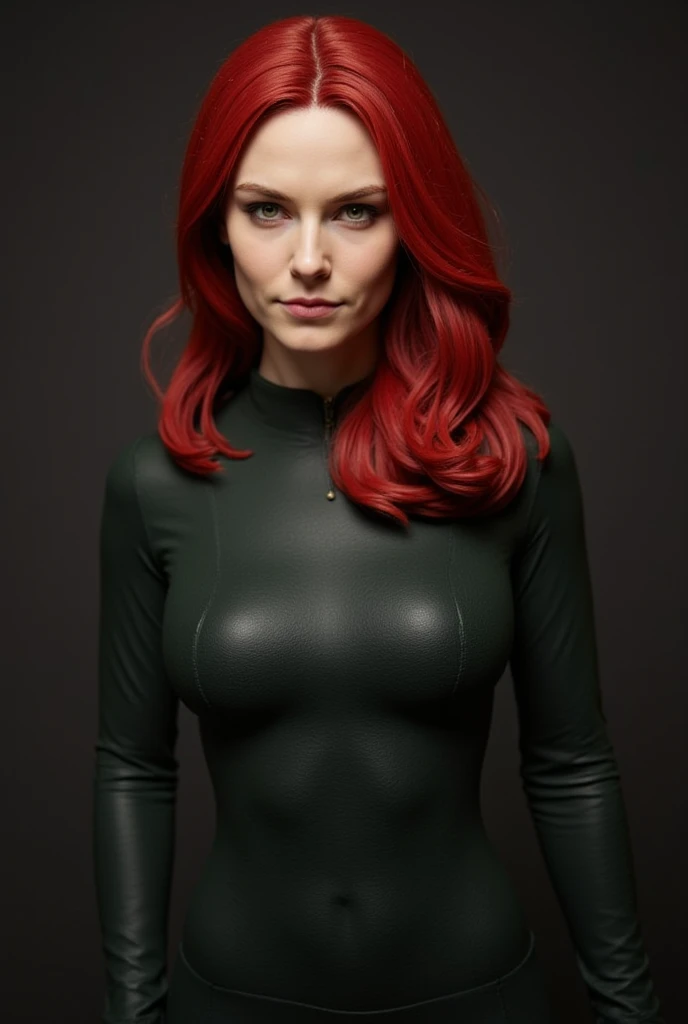 masterpiece, best quality, ultra-detailed, beautiful lighting, 1girl, milf, 30years, orange hair, green eyes, freckles, turtleneck, looking at viewer, black latex leggins