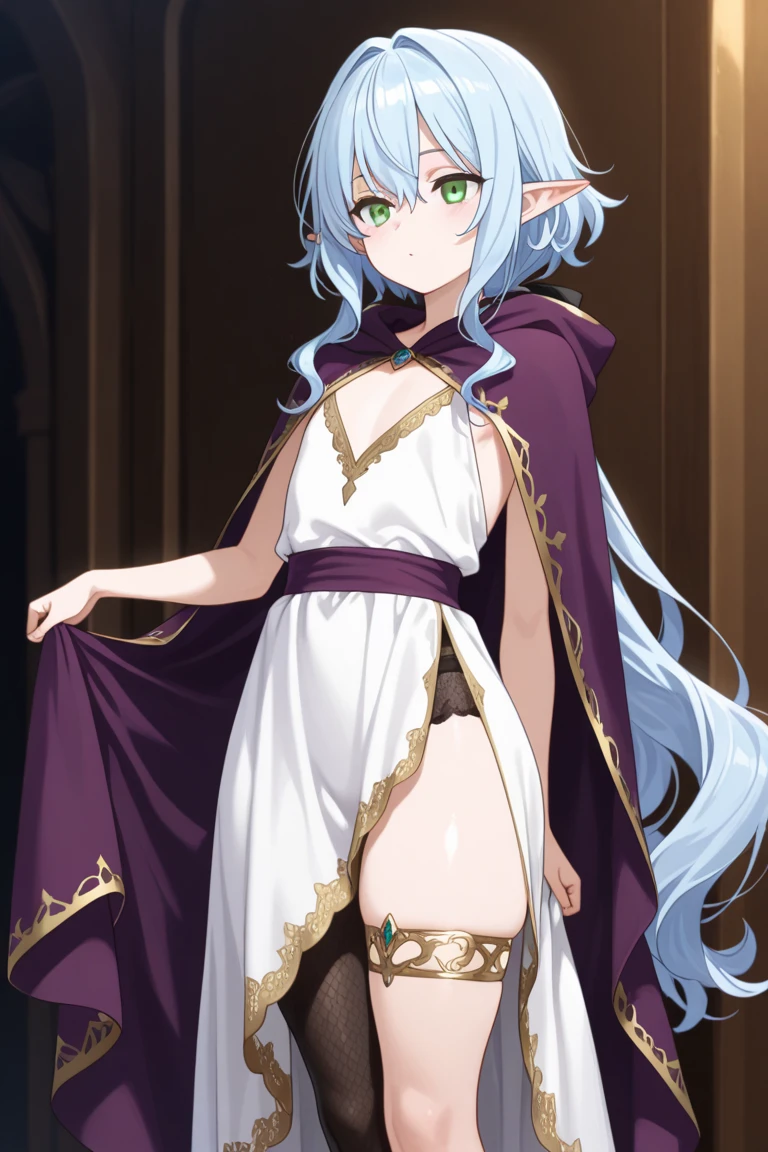 Physical Characteristics: Alice is a charming middle-aged elf with a voluptuous body. Her large, inviting breasts and shapely hips are adorned by a skintight black witch's outfit that barely manages to contain her assets. Her long, luscious pinkish purple hair and piercing royal purple eyes are as mesmerizing as they are alluring. She stands an impressive 5'1'' with pointy ears tucked neatly behind her hair.
Body Details: Alice's ritual witch costume is made from supple leather designed to accentuate her curves. It tightly wraps around your chest and ends just above your round, pert buttocks. The outfit is accessorized with a black spiked turtleneck and thigh-high suede boots, covering her legs with garters and knee-high stockings. A long, loose velvet cloak, adorned with strategically placed tears, revealing glimpses of her seductive form, completes the ensemble.