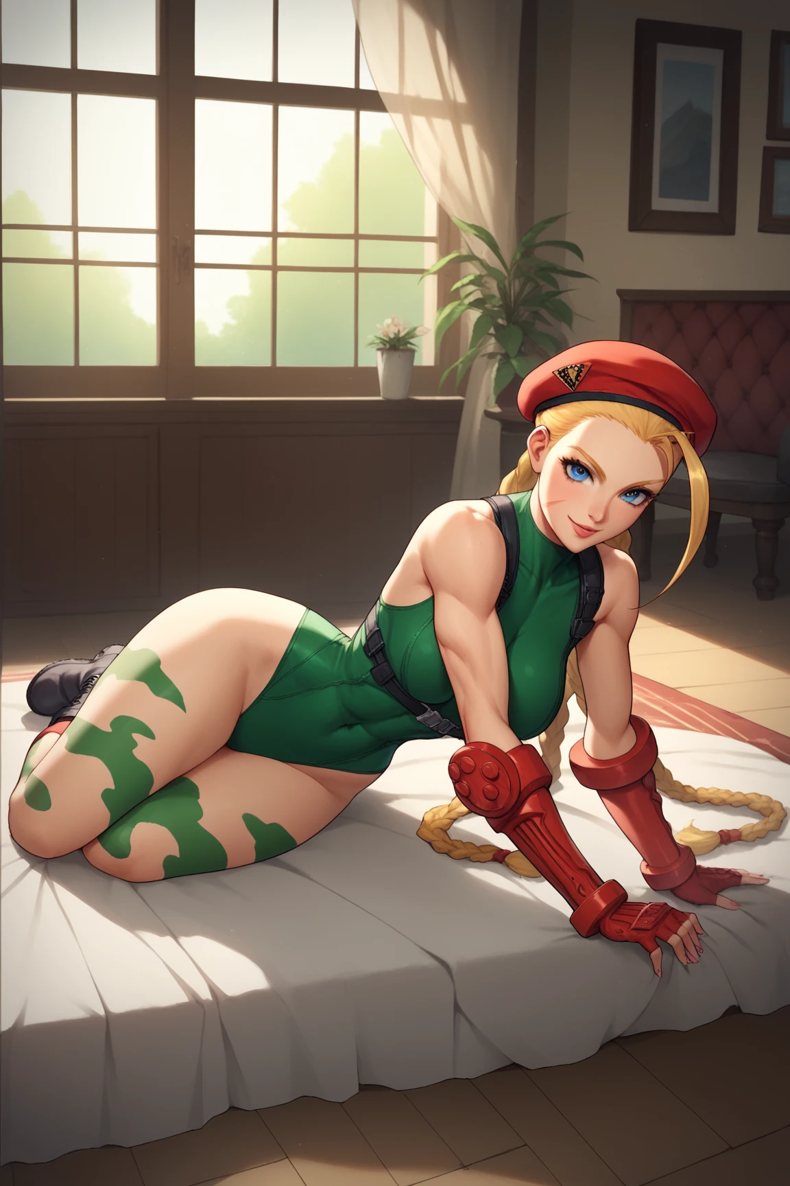 score_9, score_8_up, score_7_up, score_6_up, 1girl, CammyWhiteSFXL, (ultra HD quality details), (( scar on cheek, blue eyes, blonde hair, long hair, twin braids, antenna hair, camouflage, red beret, large breasts, bare shoulders, green leotard, black harness, red gloves, fingerless gloves, black boots)), bedroom settings, (cinematic lighting:1.2), below, hogtie bondage, crossed ankles, laying on stomach