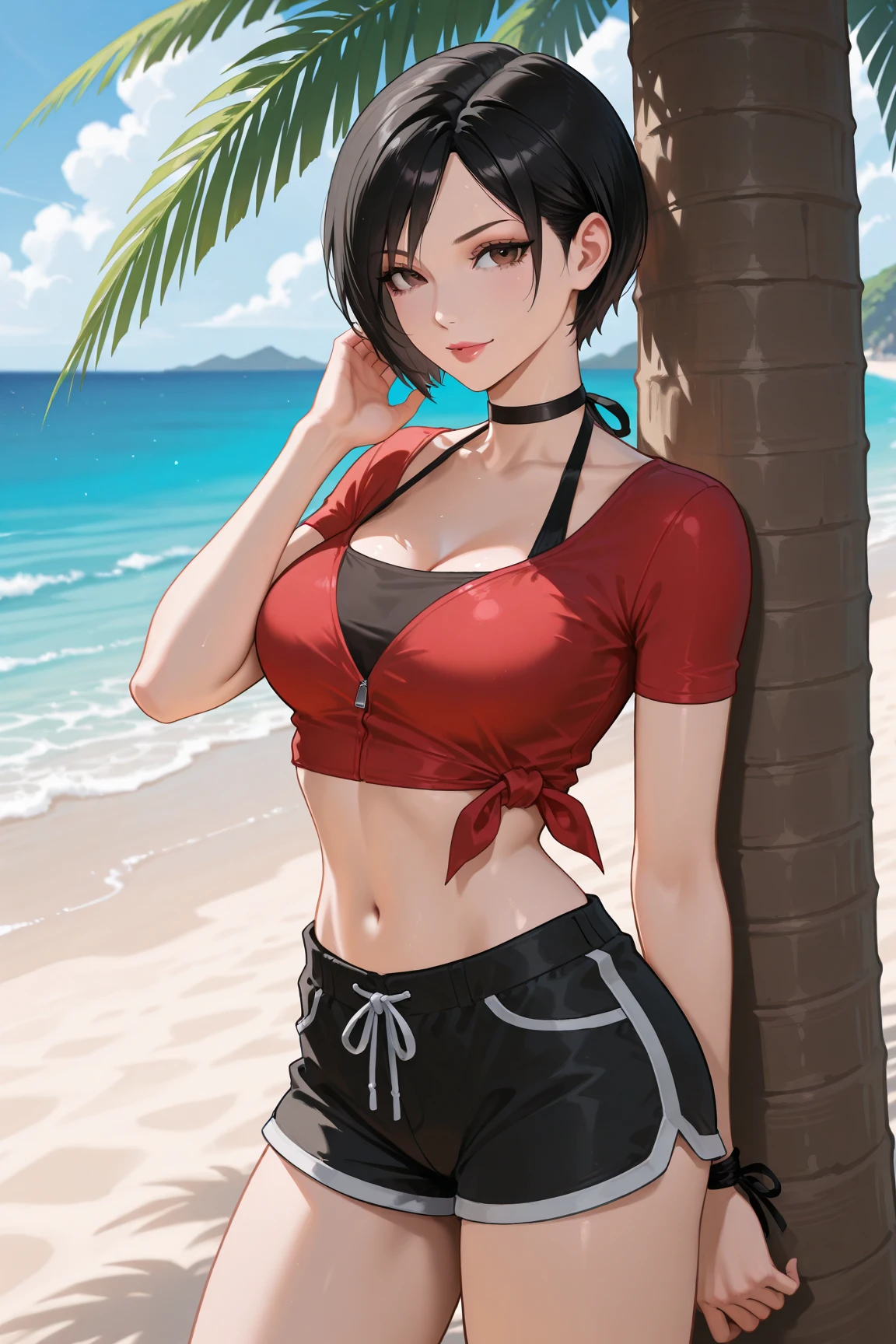 ((1girl, solo)), yor briar, (large breasts:1.5), beautiful body, (perfect anatomy, perfect body, perfect hands, perfect legs), nice hands, natural proportions, sexy body, standing, cowboy shot BREAK 

((extremely detailed face)), (red eyes:1.5), (beautiful detailed eyes:1.6), (realistic pupils, realistic iris:1), expressive eyes, looking at viewer, (clear eyes:1.3), (hyperrealistic:1.2), (detailed skin texture:1.2), smooth skin, black hair, sidelocks, long hair, white hairband, (detailed lips:1.2), (attractive lips:1.1), (glossy lips:1.1), perfect face, perfect eyes, gold earrings BREAK

black tank top, camisole, collarbone, cleavage, covered nipples, bare shoulders, midriff peek, navel, ((dolphin shorts)), (short shorts:1.5), (red shorts:1.4), (black drawstring:1.3), (skin tight:1.5),  ((thick thighs)) BREAK

(masterpiece:1.5), anime-style, top quality, best quality, (beautiful and aesthetic:1.2), (ultra detail:1.5), Ultra-detailed depiction, Ultra-precise depiction, extremely detailed 8k illustration, high resolution, (highly detailed shading:1.2), (realistic lighting:1.4), perfect lighting, vibrant colors, dynamic tones, striking hues, 8k, absurd resolution, perfect shadows, hdr, UHD, ambient lighting, realistic, ultra-realistic, photo realistic, highly detailed, rich detail, luminous colors, fine texture, intricate design, professional illustration, (soft light:1.2), (illustration:0.7)