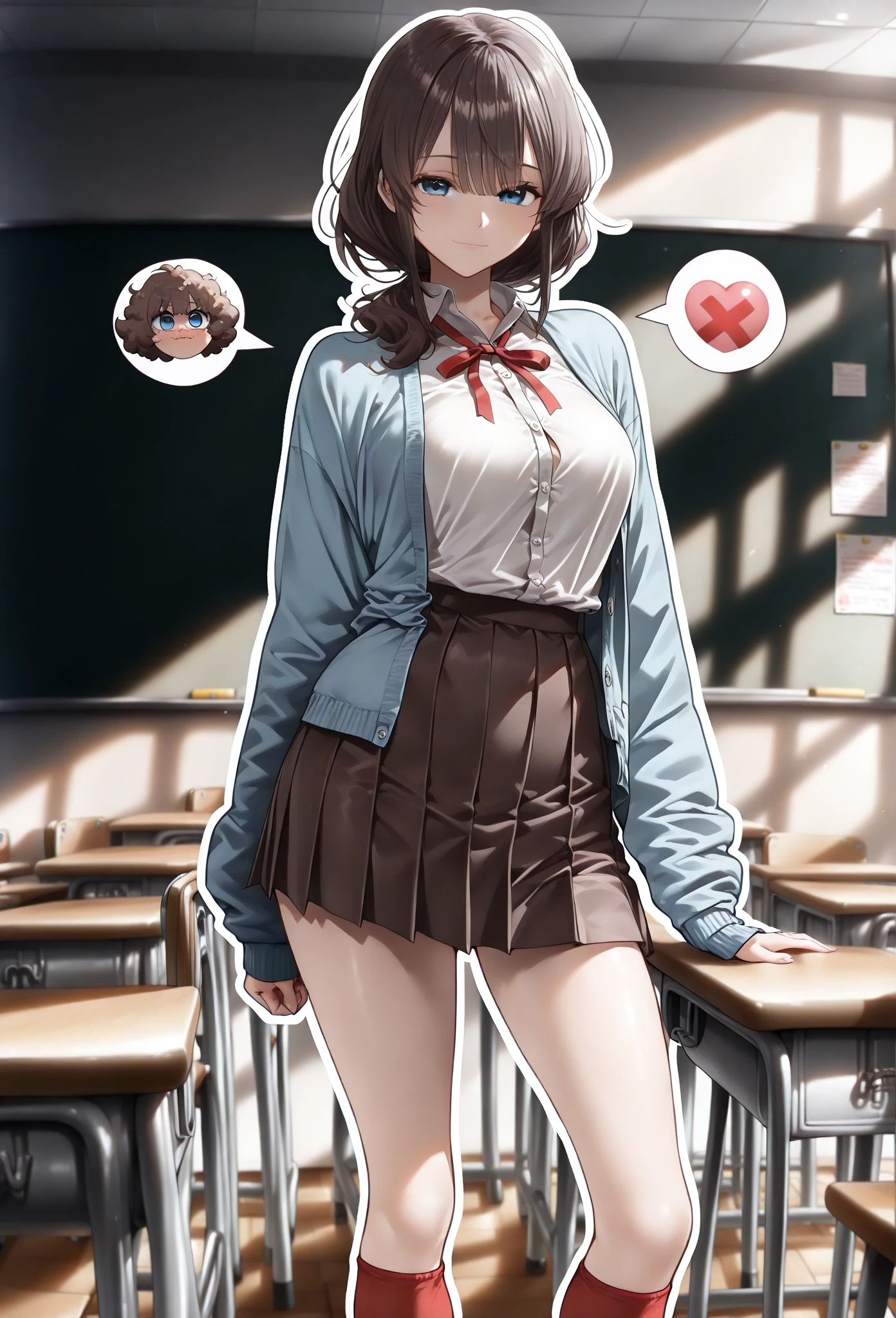 2 girls, smile:1.3, shirt, skirt, (small),((classroom:1.5))、、(blush:1.3)、((青いチェック柄のskirt:1.5))、Cowboy Shot、(skirt lift:1.3),(Highly detailed panties:1.3)、(Highly detailed white panties:1.3)、、(skirt that rolls up:1.3)、(Full-fledged panties:1.5)、,((Pure white cardigan))、((spoken heart:1.5))