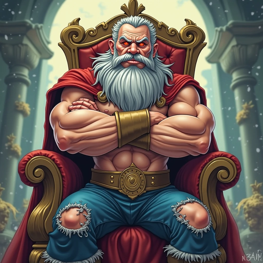 burly virile bulky man, overmuscular and musclebound, bulging veiny muscles, broad shoulders, wide chest, overly thick arms and legs, thick body, a hulking figure with swelling muscles, a long bushy beard and a thick mustache, grey hair, a king sitting on his throne, high detail, medieval, realistic, detailed face, clear countenance