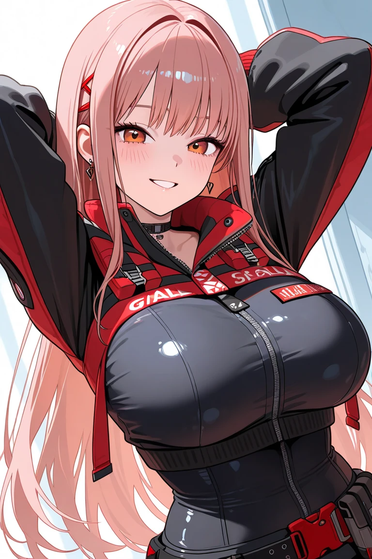masterpiece、highest quality、Very detailed、Photograph the upper body、1 female、(Put your arms behind your back:1.4)、Are standing、Turn your body forward、View your viewers、(Red pilot suit)、break,blush、shy、Pink Hair、Open your mouth、cockpit、Big Breasts、