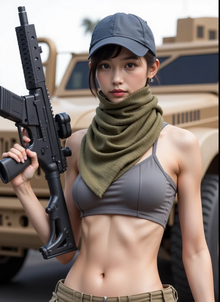 a woman in a white outfit holding a rifle and wearing headphones, 24-year-old woman, Filipino woman, tan bronze skin, soldier girl, mechanized soldier girl, military girl, beautiful female soldier, female lead character, infantry girl, of a sniper girl in war, solo female character, future combat gear, close up half body shot, Women in crop top military bulletproof vest, ((showing navel)), exposed abdomen area, quiet from metal gear solid v, wearing tactical gear, dressed in tactical armor, (((hands up surrender)))
