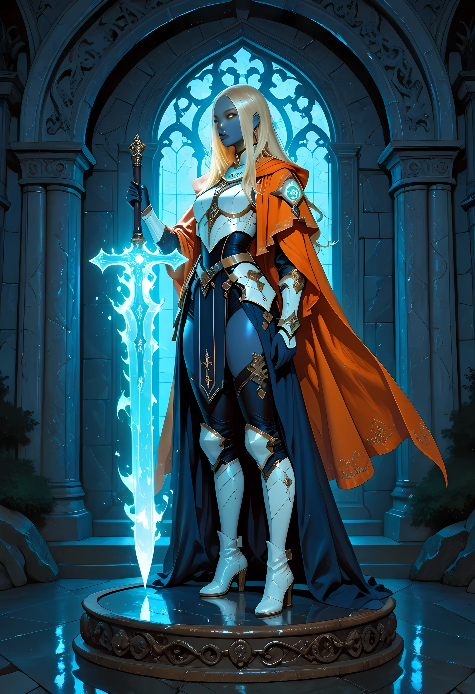 a glass statueportrait of a female cleric ((dark blue skin)), masterpiece, best quality facial details, exquisite beauty, cleric, (dark blue skin)) female, ((yellow hair)), long hair, (((no ears))), (green eyes), armed with a fiery sword red fire, wearing (twilight priestly combat vestments), wearing white armor, wearing high heeled boots, wearing white armor, wearing an (orange cloak:1.3), wearing glowing holy symbol, fantasy art, dnd art, RPG art, wide shot, (masterpiece: 1.4) intense details, highly detailed, photorealistic, best quality, highres, within fantasy temple background, reflection light, masterpiece, best quality, amazing quality, hyper-detailed, newest, very aesthetic glass figurine art, novuschroma54 style