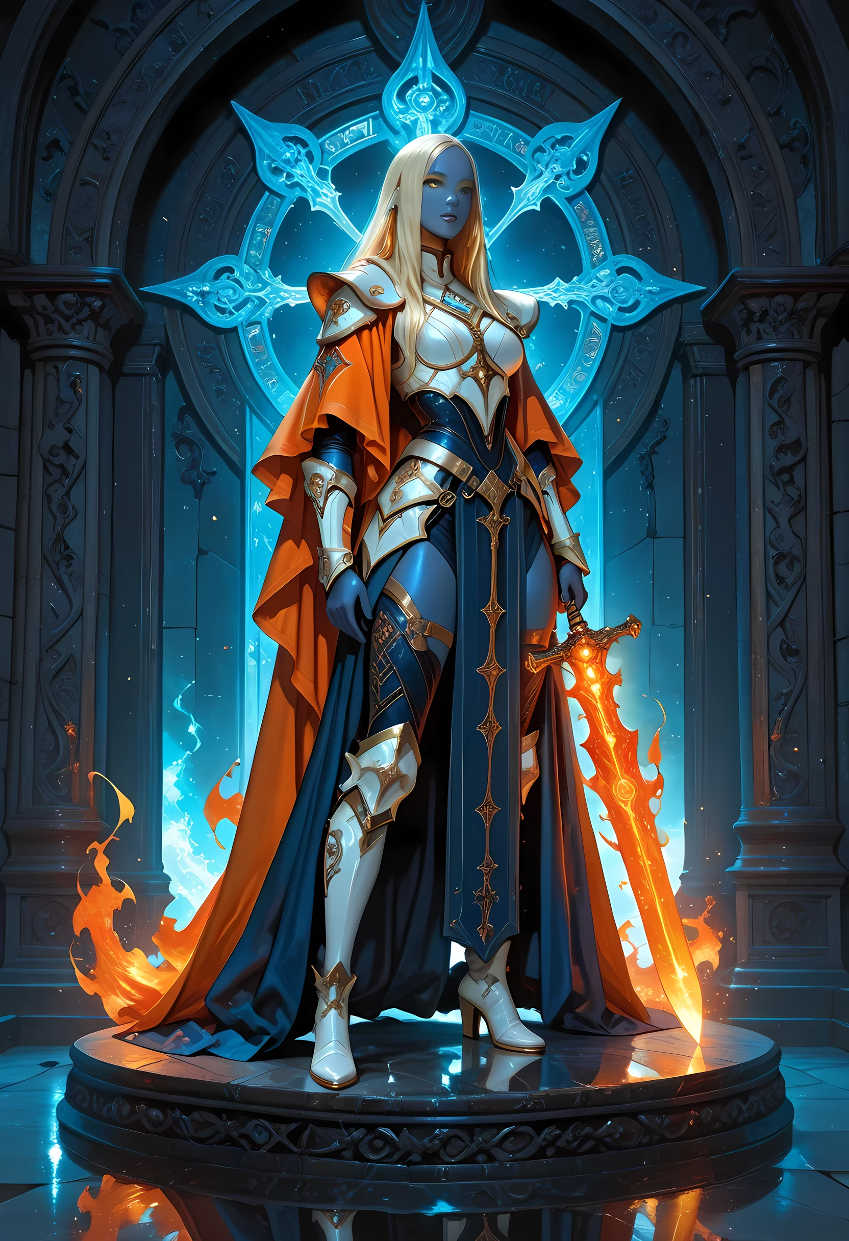 a glass statueportrait of a female cleric ((dark blue skin)), masterpiece, best quality facial details, exquisite beauty, cleric, (dark blue skin)) female, ((yellow hair)), long hair, (((no ears))), (green eyes), armed with a fiery sword red fire, wearing (twilight priestly combat vestments), wearing white armor, wearing high heeled boots, wearing white armor, wearing an (orange cloak:1.3), wearing glowing holy symbol, fantasy art, dnd art, RPG art, wide shot, (masterpiece: 1.4) intense details, highly detailed, photorealistic, best quality, highres, within fantasy temple background, reflection light, masterpiece, best quality, amazing quality, hyper-detailed, newest, very aesthetic glass figurine art, novuschroma54 style