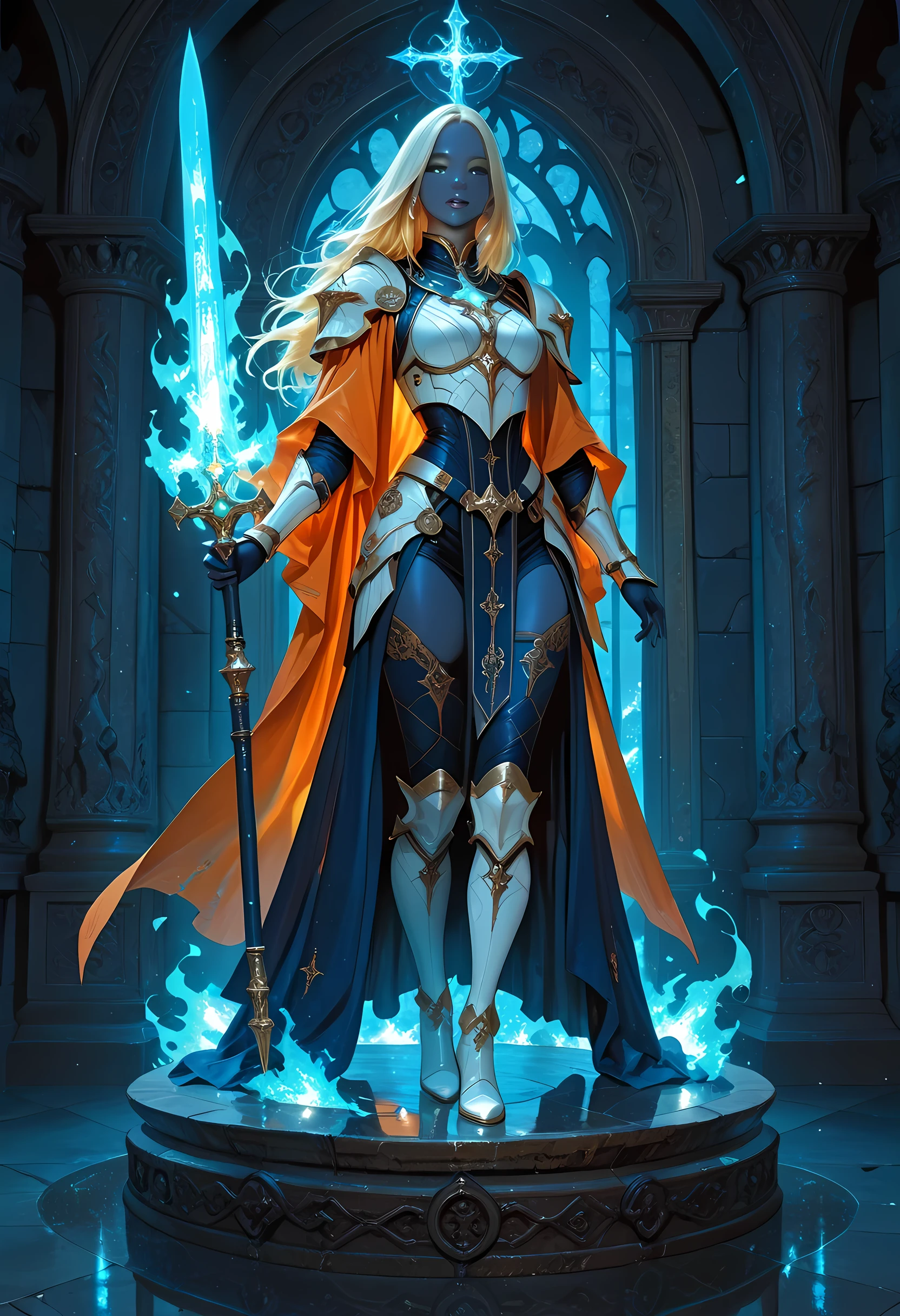 a glass statueportrait of a female cleric ((dark blue skin)), masterpiece, best quality facial details, exquisite beauty, cleric, (dark blue skin)) female, ((yellow hair)), long hair, (((no ears))), (green eyes), armed with a fiery sword red fire, wearing (twilight priestly combat vestments), wearing white armor, wearing high heeled boots, wearing white armor, wearing an (orange cloak:1.3), wearing glowing holy symbol, fantasy art, dnd art, RPG art, wide shot, (masterpiece: 1.4) intense details, highly detailed, photorealistic, best quality, highres, within fantasy temple background, reflection light, masterpiece, best quality, amazing quality, hyper-detailed, newest, very aesthetic glass figurine art, novuschroma54 style