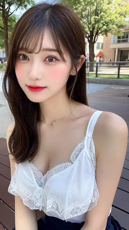 Top image quality、4K picture quality、Best Quality、Colossal tits、g-cup、22year old、japanes、Short stature、Wearing a white lace bra、wearing denim shorts、i'I was sitting next to the pub'It's crowded.