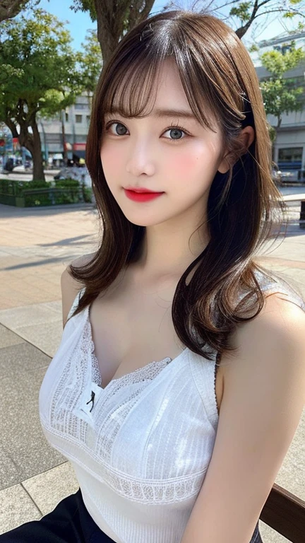 (RAW Photos, highest quality), (Realistic, Photorealistic:1.3), (Masterpiece), (Highest quality), High resolution, 8K resolution, (Intricate details), (Volumetric Light), Portraiture, woman, 30 years old, Medium Hair, Layered Hair, Brown Hair, Highly detailed eyes, Source order, Very thin eyebrows, Highly detailed skin, Highly detailed mouth, Highly detailed nose, Cute like an idol, Slender body, smile, ((Pink lipstick)), ((Look at the viewers)), (An elegant and transparent Black see-through short-sleeved dress :1.2), ((Random Body Orientation)), Sunny day cityscape background, Face looking at camera,
