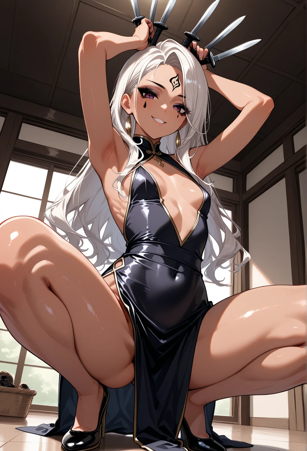 1girl, evil smile, red eyes, long hair, forehead, white hair, black choker, belly, medium breast, micro bikini, stockings, black lipstick, black lipstick ear piercings, cowboy shot, armpits, lying bust up shot, thicc legs, wheatskin,